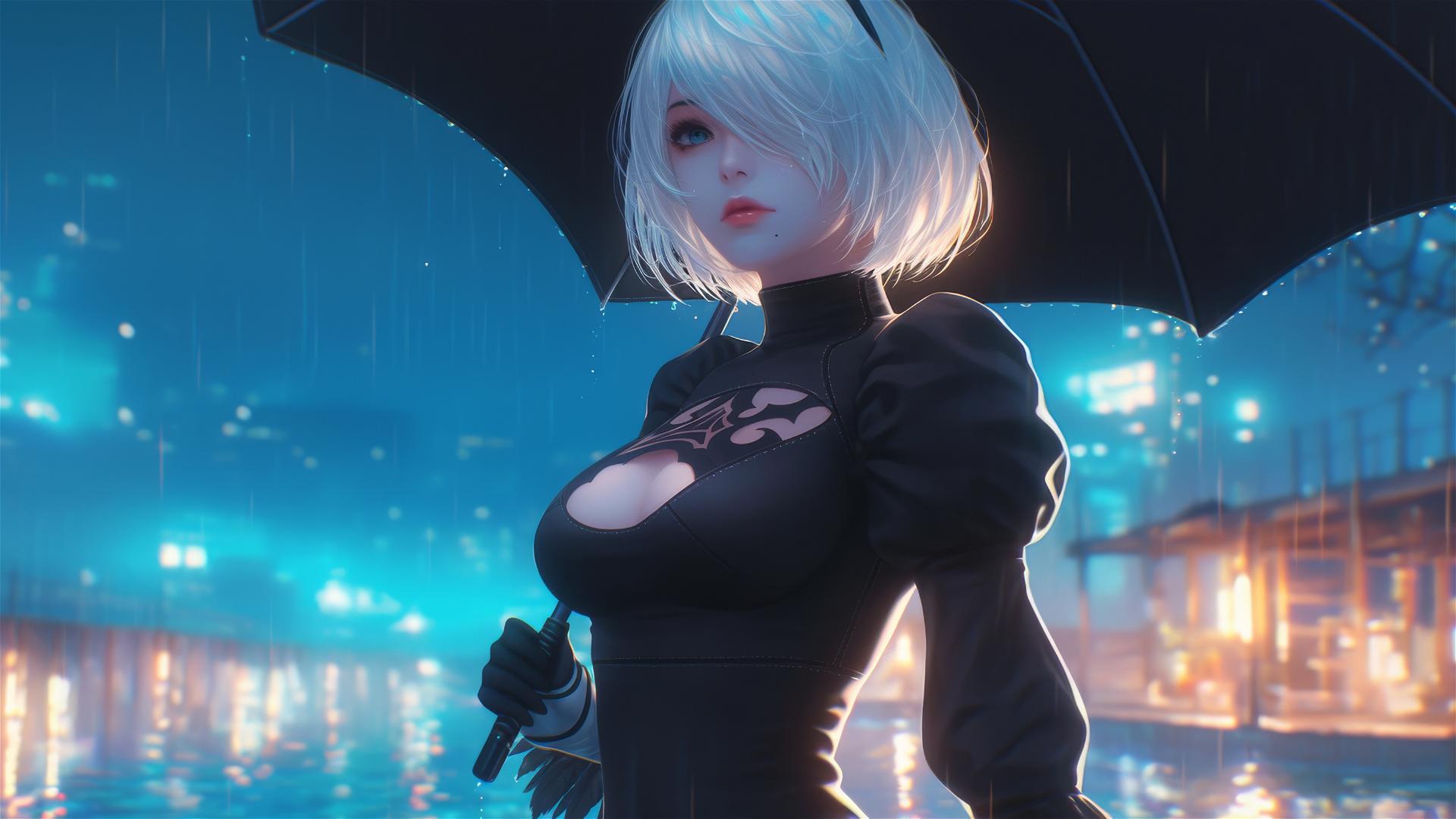 2B from Nier standing at a rainy pool under moonlight