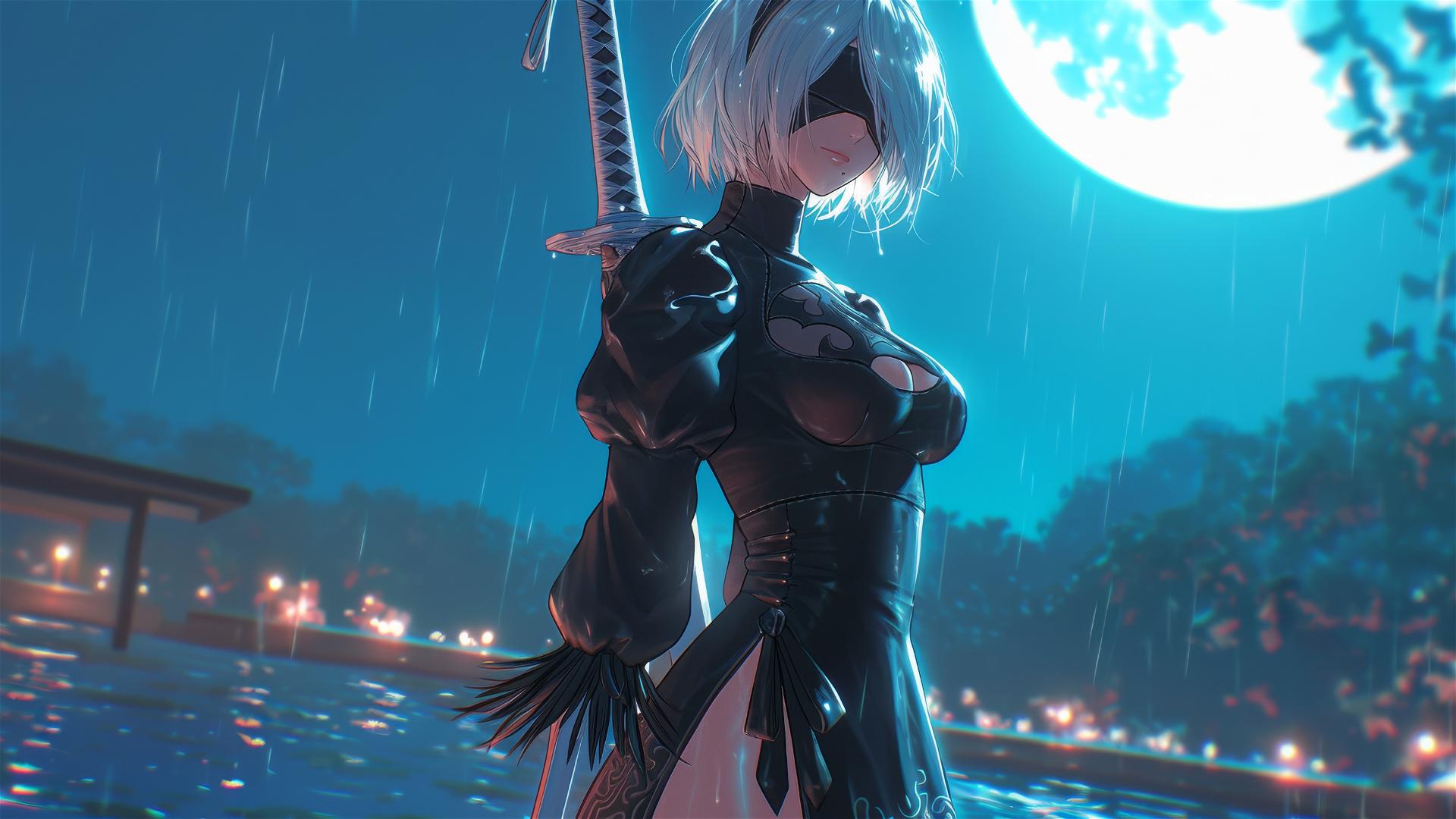 2B from Nier standing by a rainy swimming pool with soft moonlight glow.