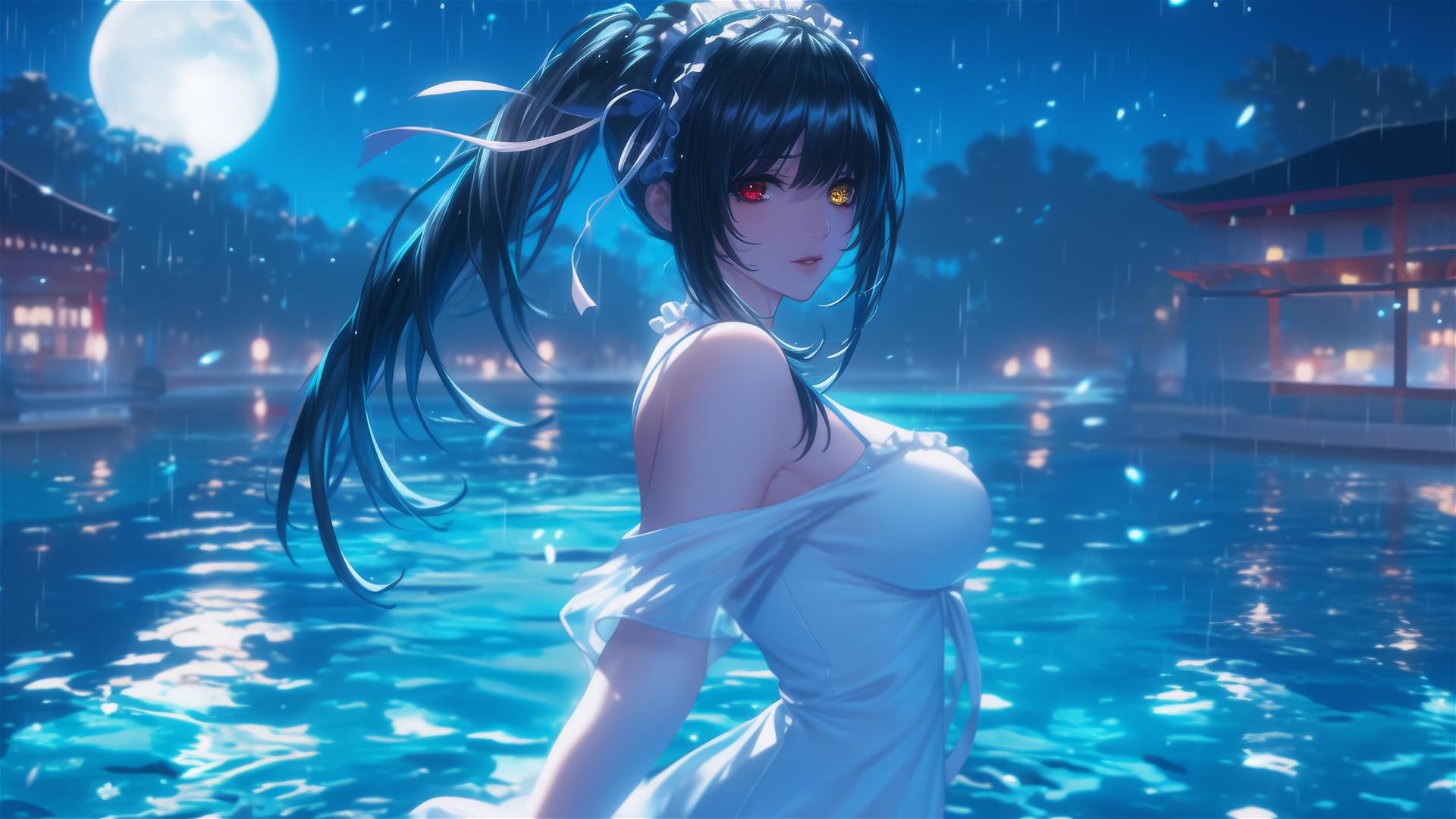 Kurumi Tokisaki in white dress, rainy pool, moon glow, red and yellow eyes