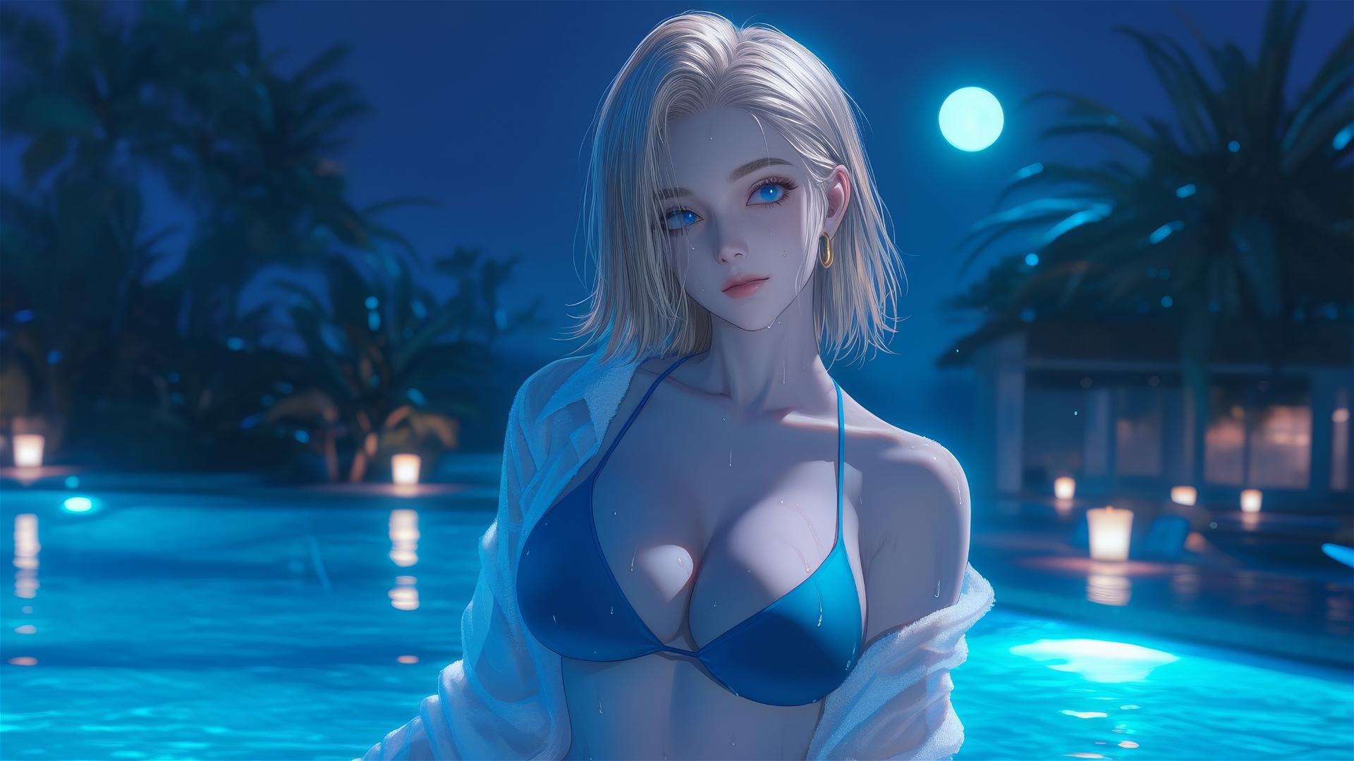 Dragon Ball Android 18 relaxing by a rainy pool under moonlight.