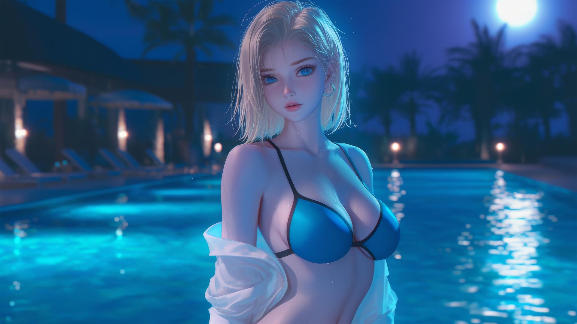 Android 18 resting by a pool with moonlight glow