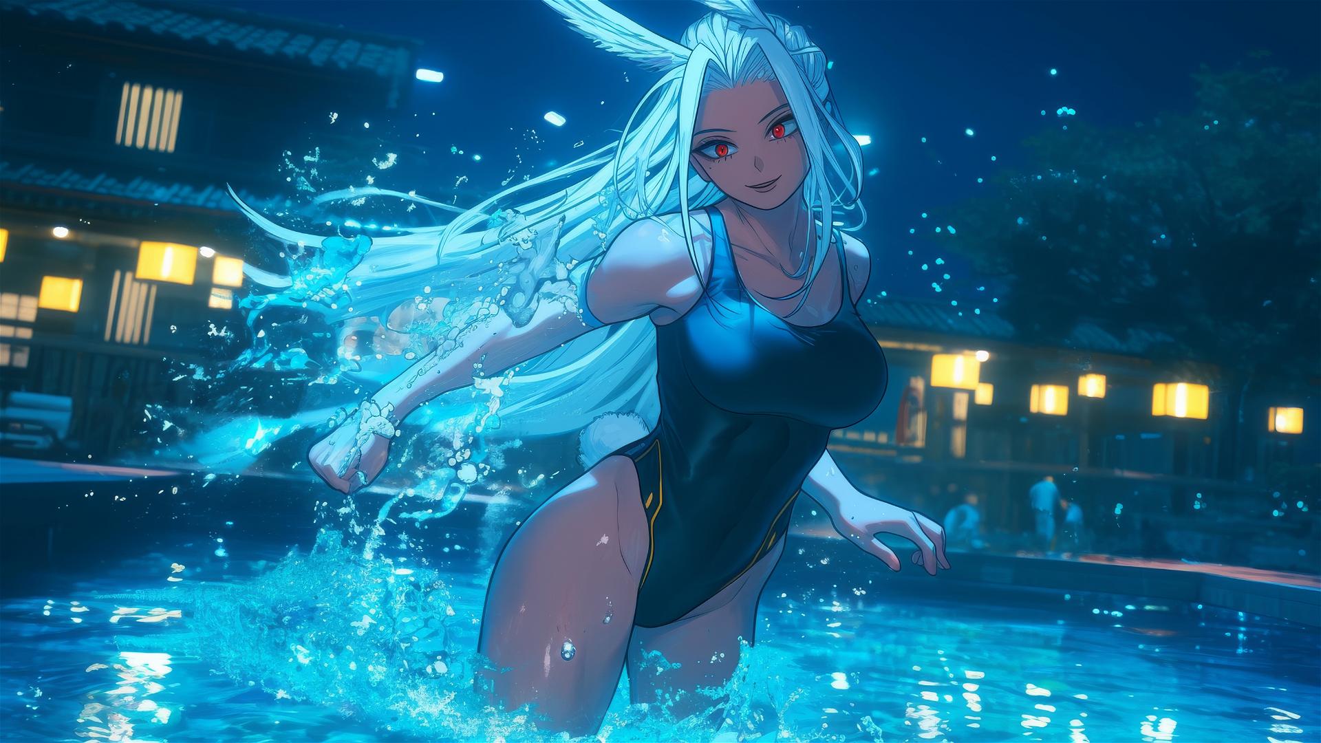 Mirko from My Hero Academia, muscular, tan-skinned with rabbit features under moonlight