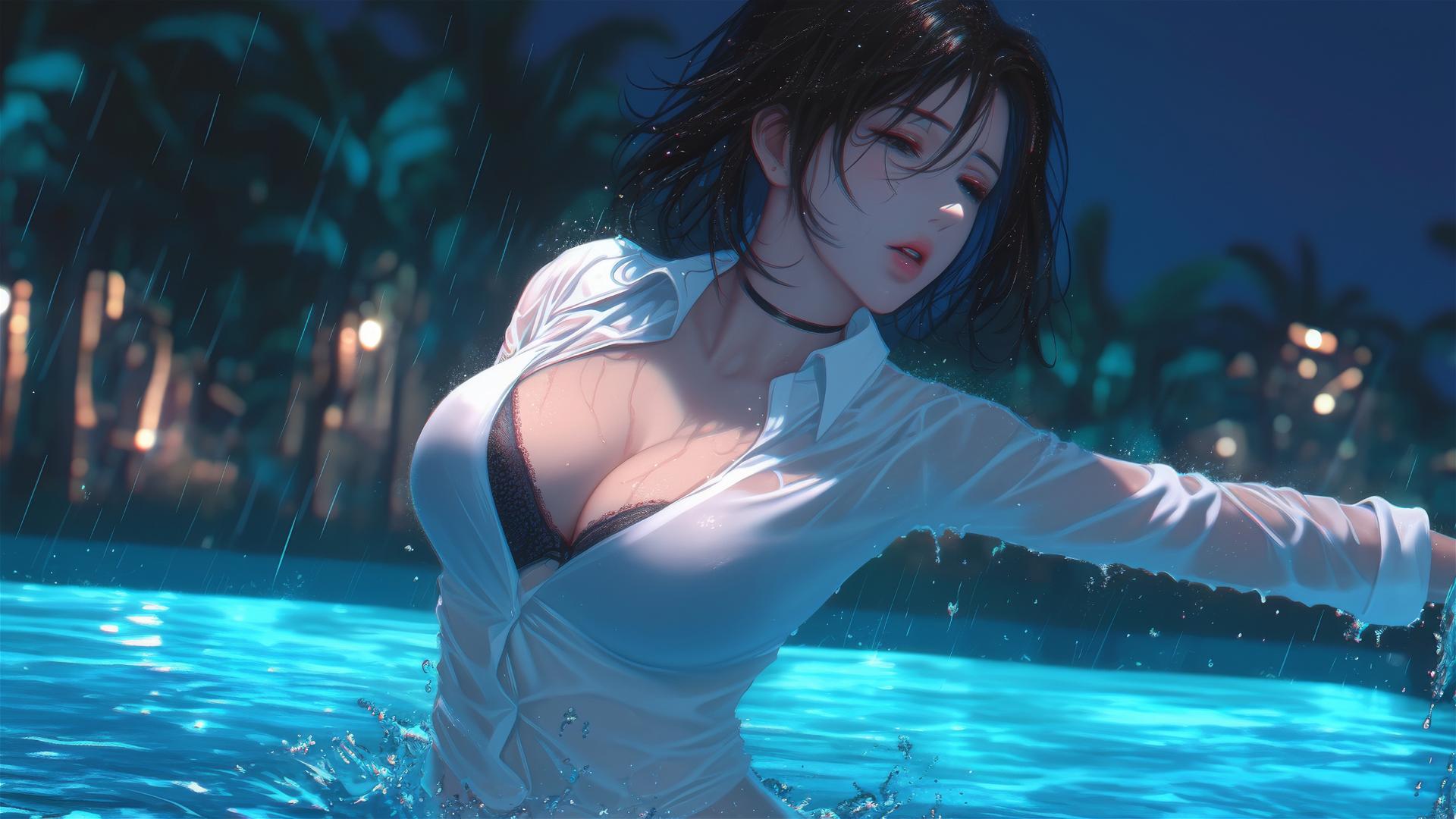 Mikasa Ackerman in a white office shirt jumping out of a rainy pool under moonlight.