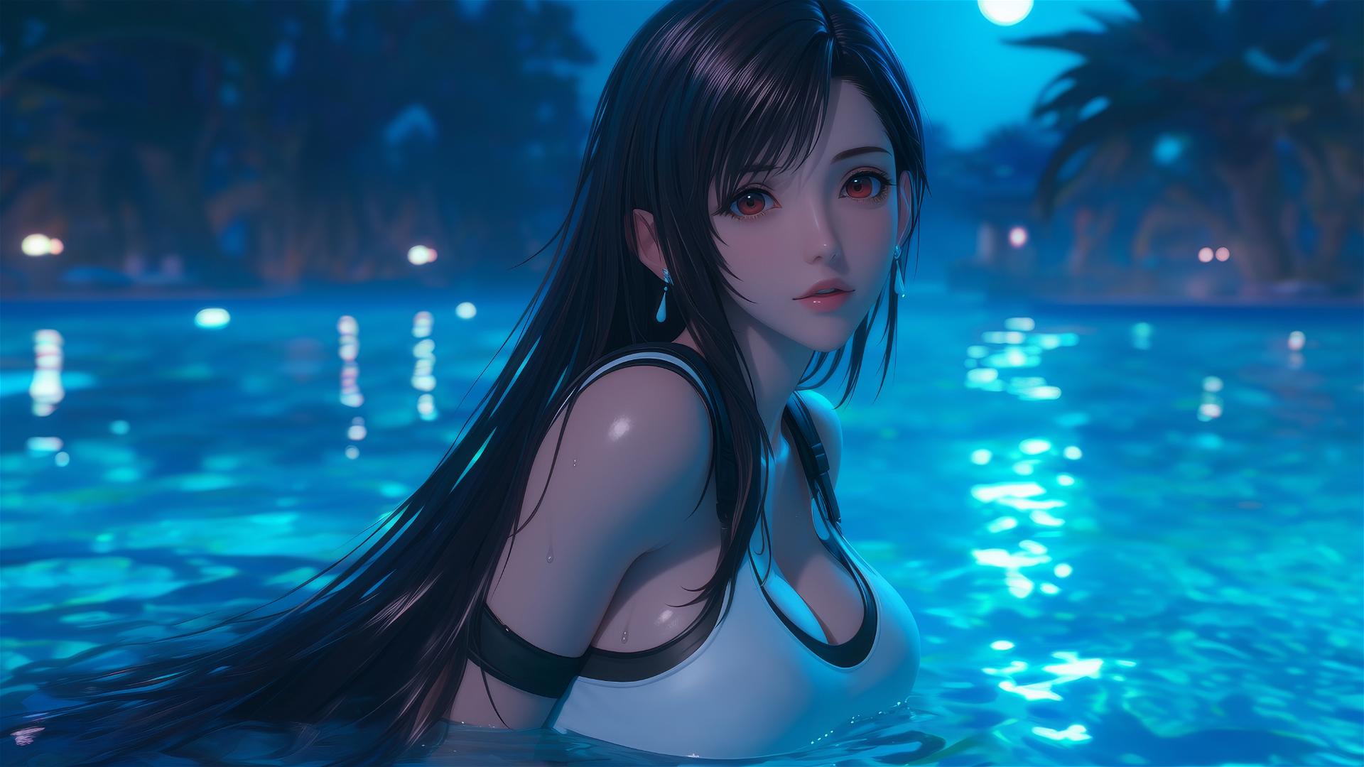 Tifa Lockhart resting at a pool under moonlight