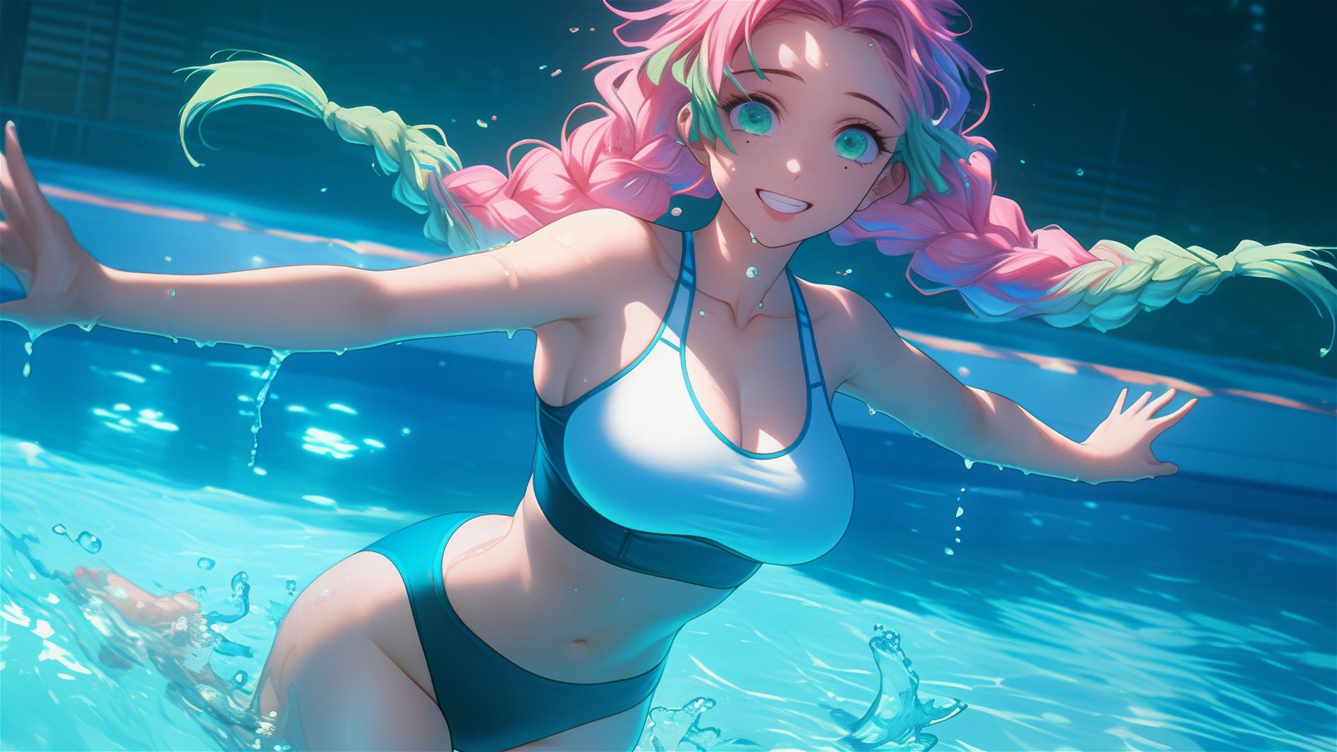 Mitsuri Kanroji from Demon Slayer jumping out of a swimming pool under moonlight.