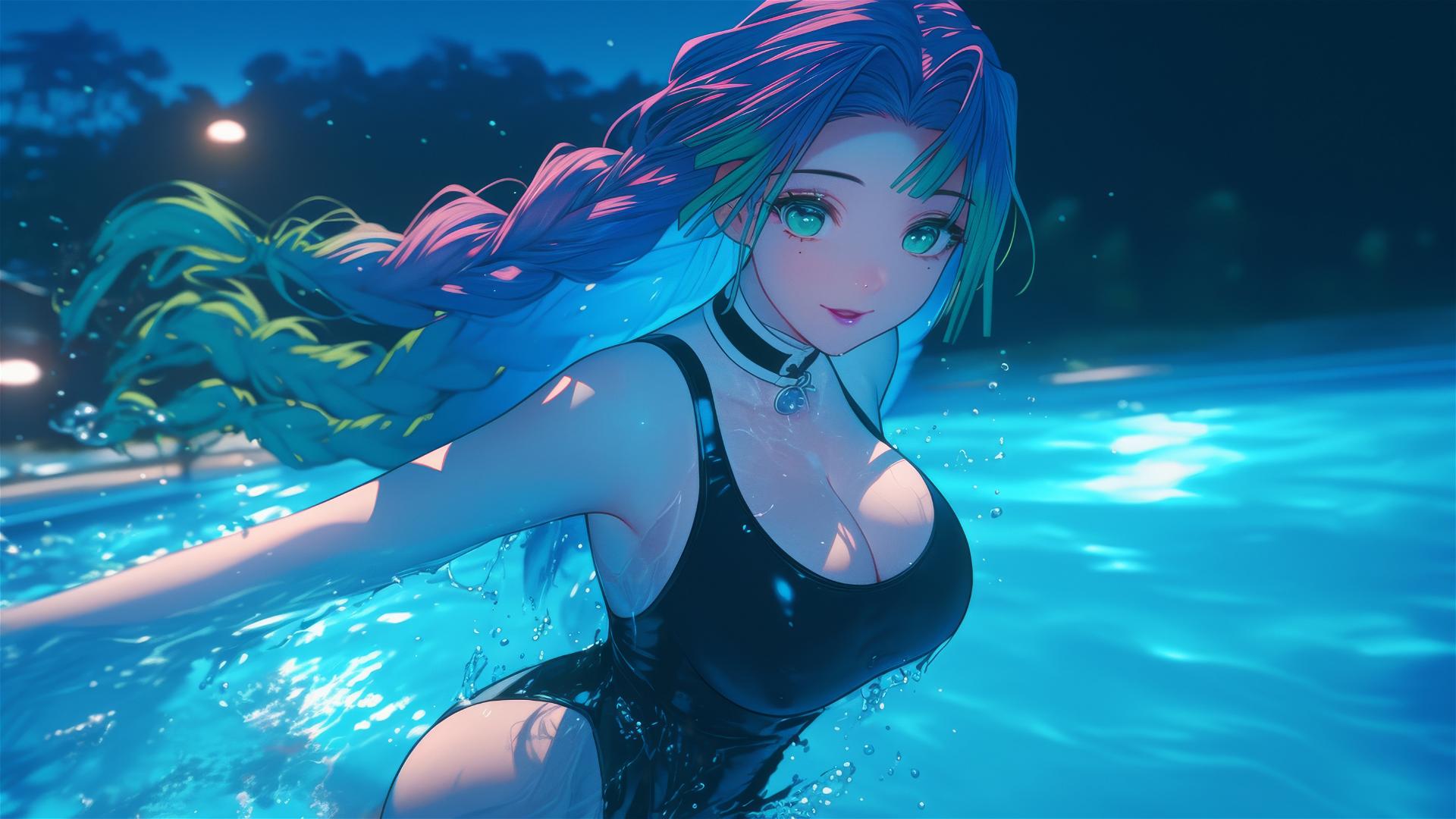 Mitsuri Kanroji jumping out of a pool by moonlight, her pink to green hair glowing