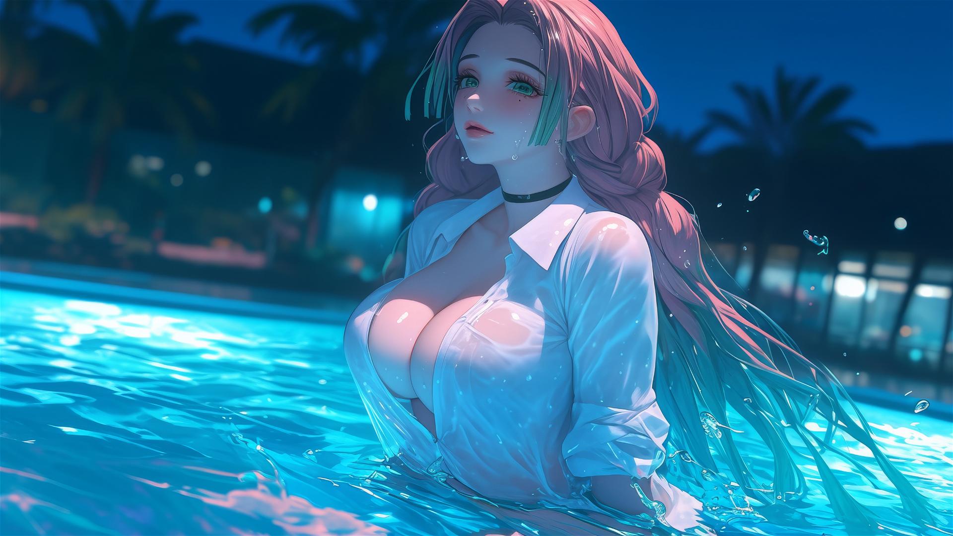 Mitsuri Kanroji jumps from a pool under moonlight with gradient hair