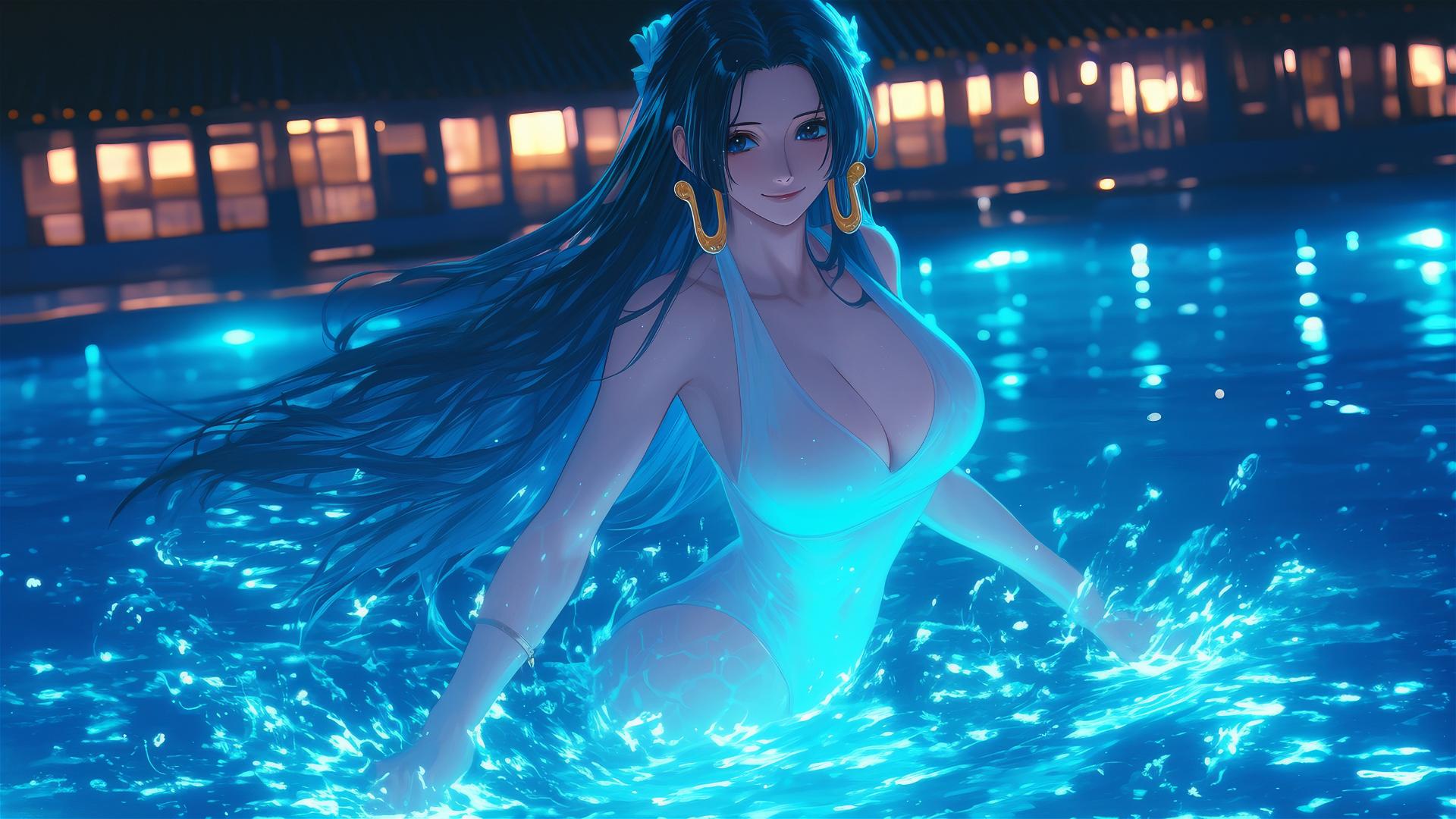 Boa Hancock from One Piece leaping from a pool under moonlight