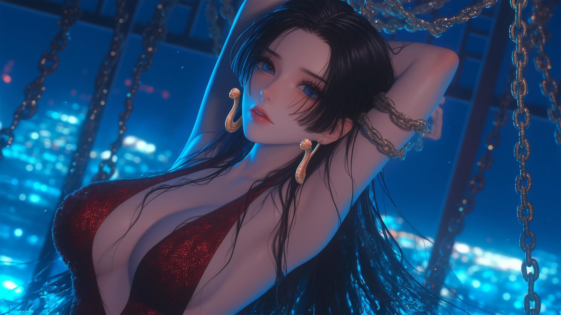 Boa Hancock from One Piece in chains, red outfit, moonlit modern hotel room