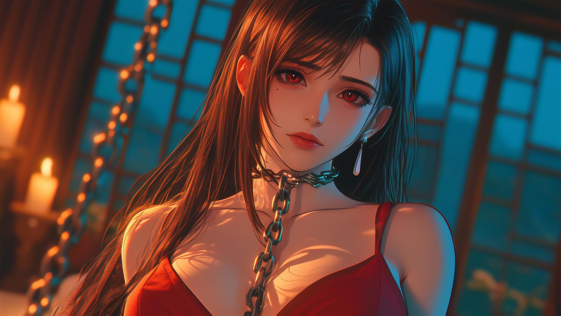 Tifa Lockhart in red with iron chains around her neck in a hotel room