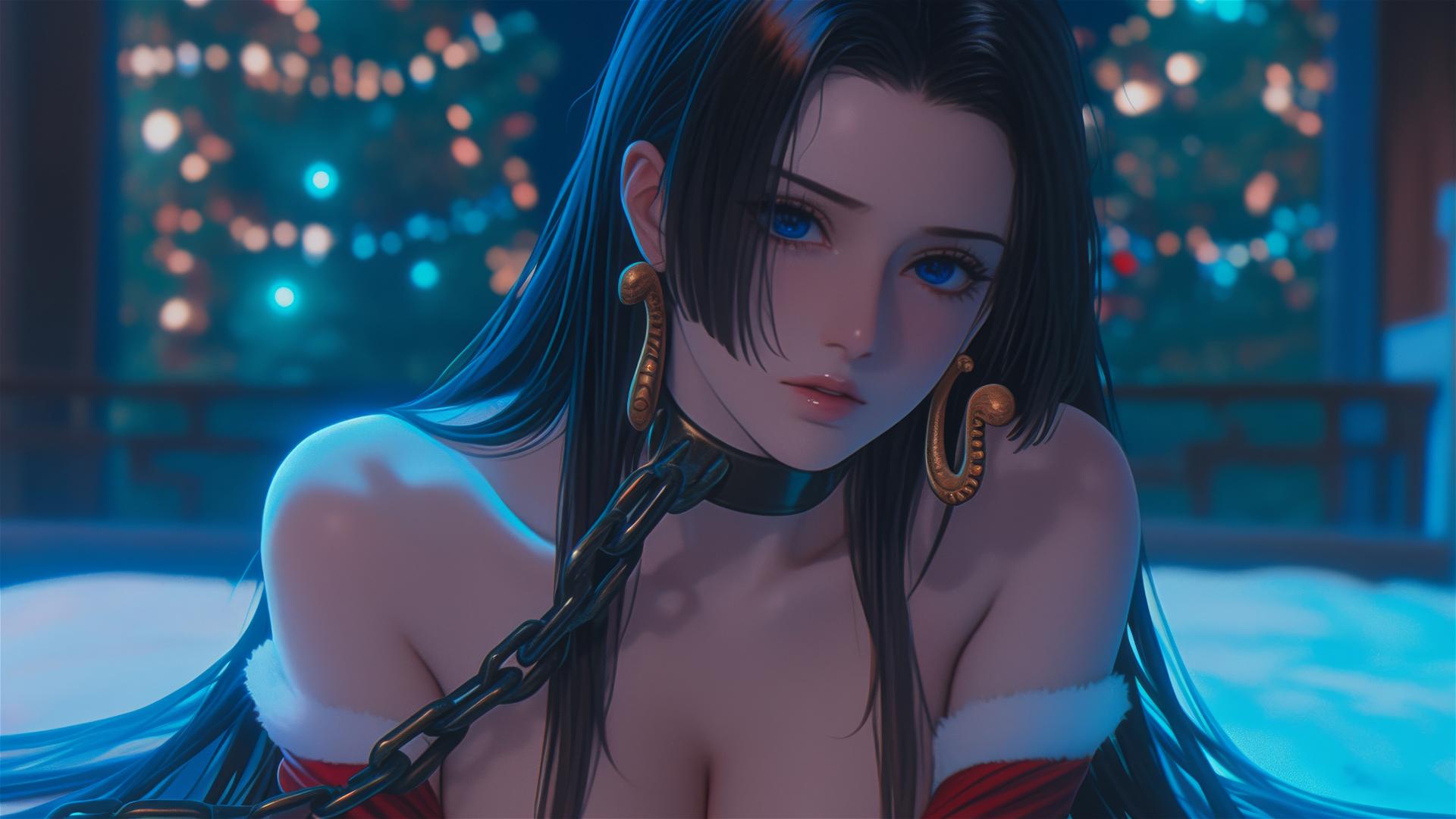 Boa Hancock in Christmas costume with iron chains, neon lit hotel room