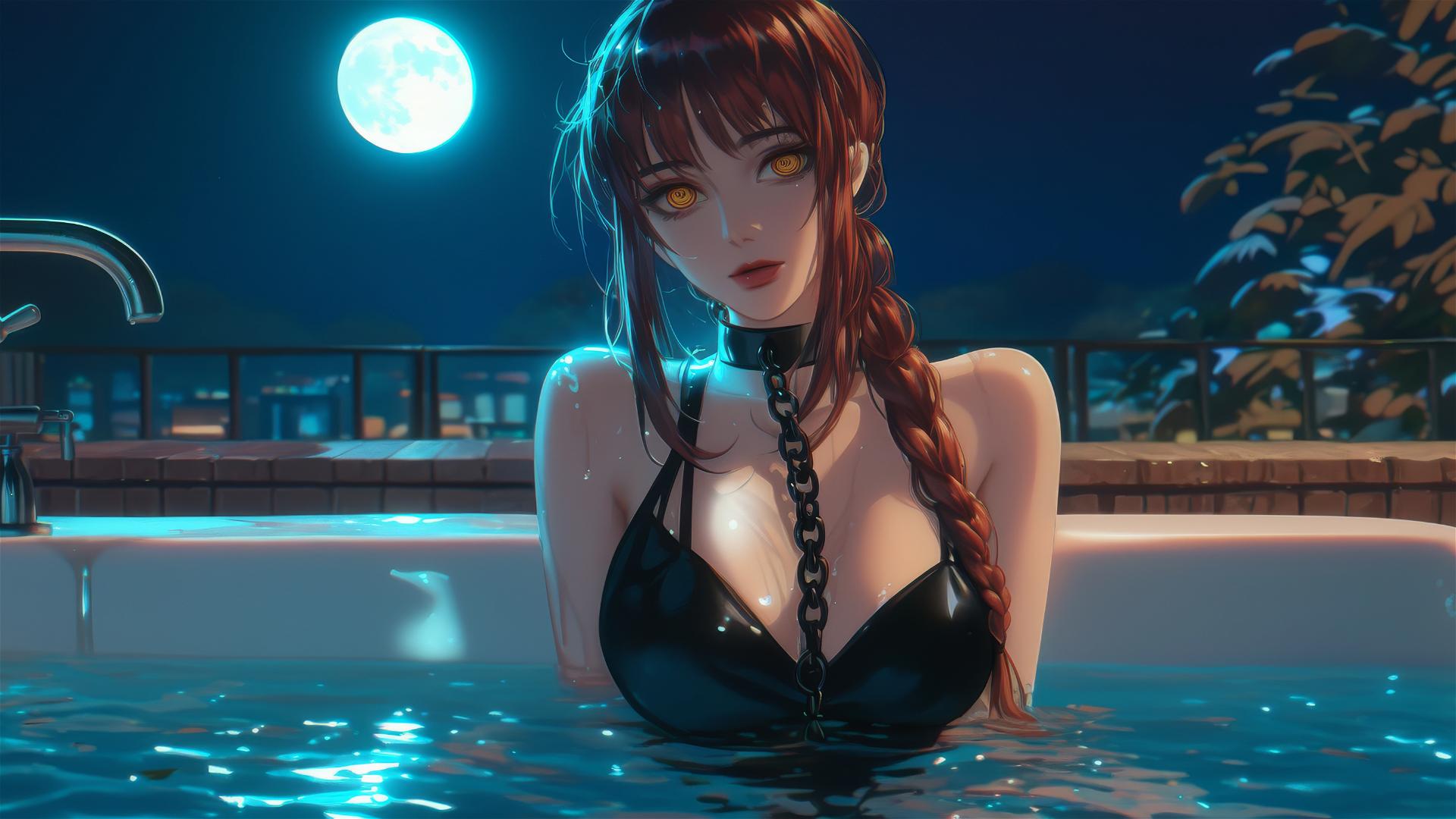 Makima from Chainsaw Man reclines in a bathtub with thick iron chains around her neck, illuminated by moonlight.