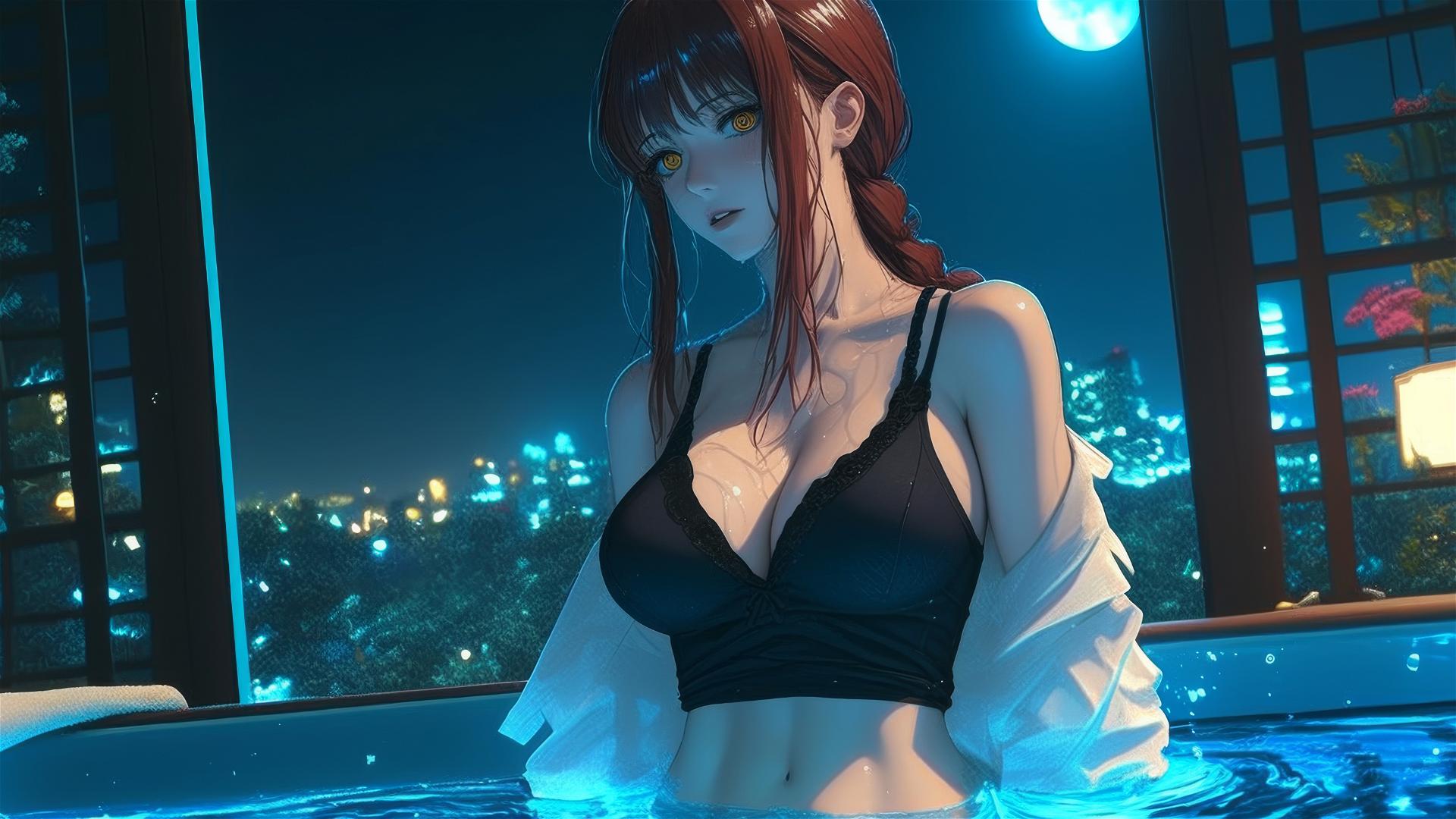 Makima from Chainsaw Man jumping out of a tub with moonlight casting a soft glow