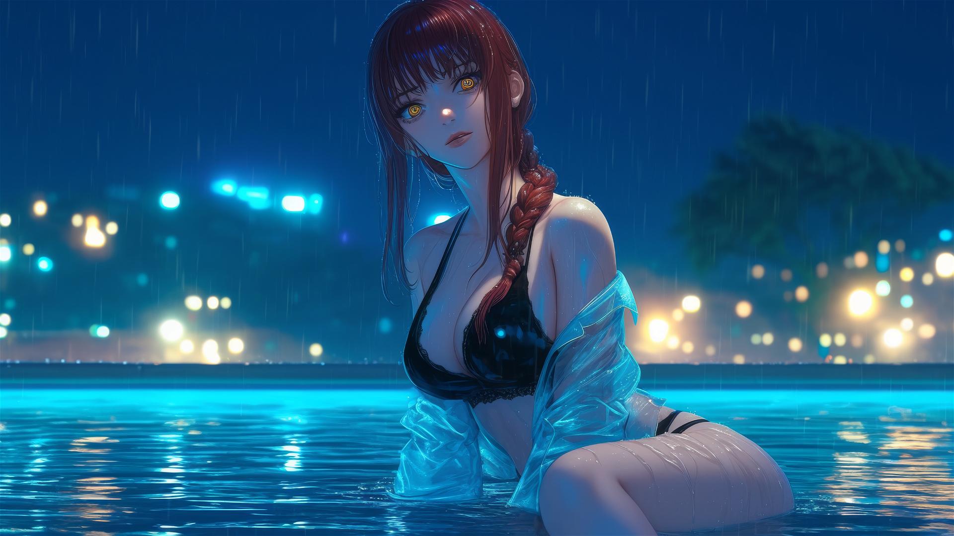 Makima resting at a rainy pool under moonlight