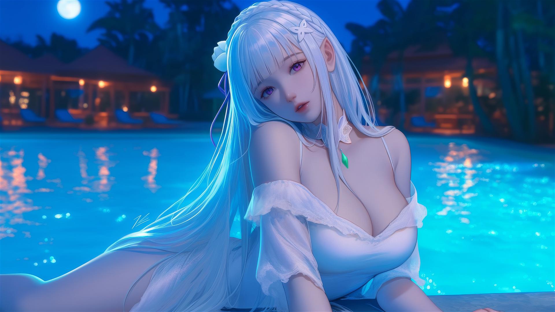 Emilia from Re:Zero resting by a swimming pool under moonlight.