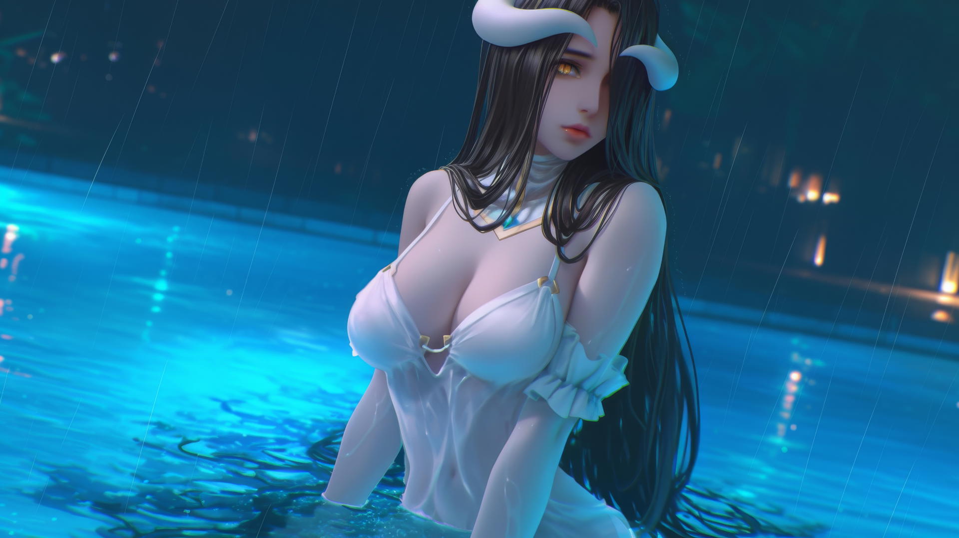 Albedo from Overlord at a rainy swimming pool, with warm light, golden irises, and thick crooked horns.