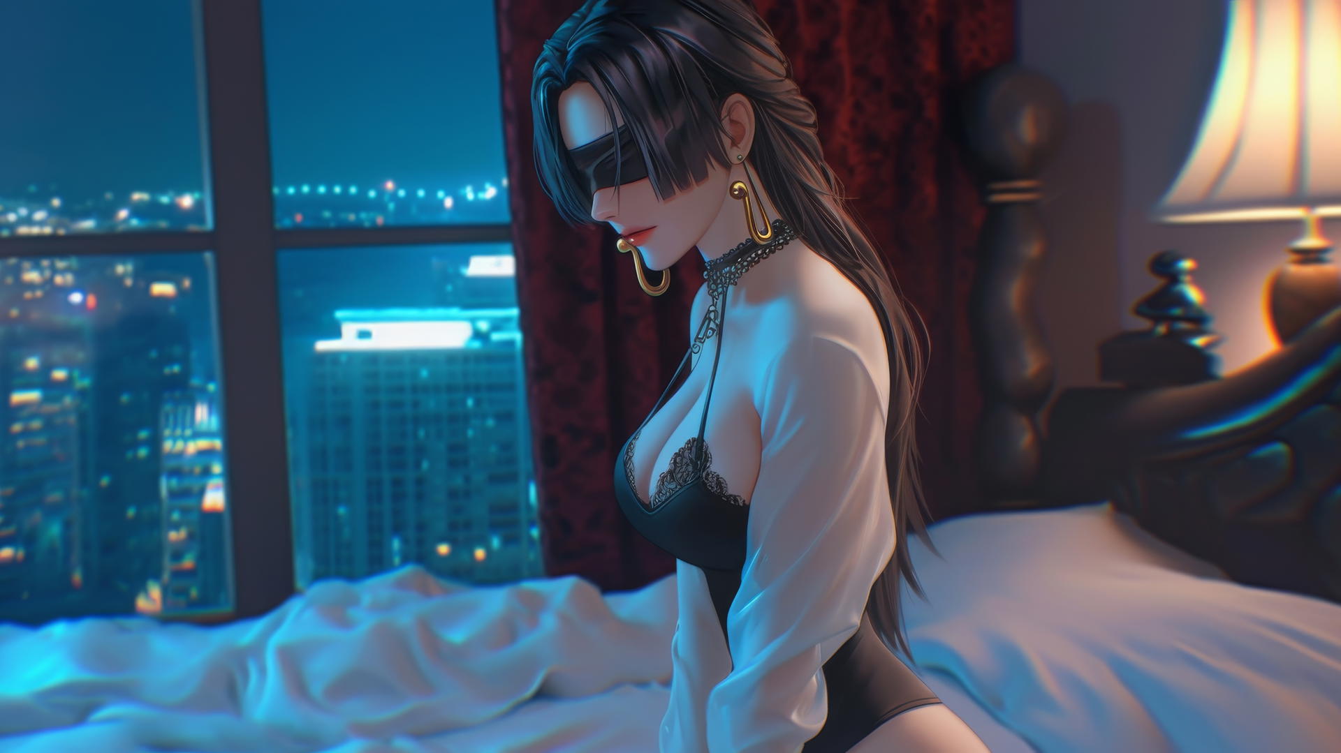 Boa Hancock from One Piece kneeling with eyes blindfolded in a modern hotel room.