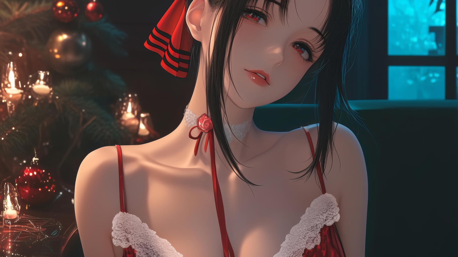 Kaguya Shinomiya in a red Christmas outfit with neon light glow at a modern hotel