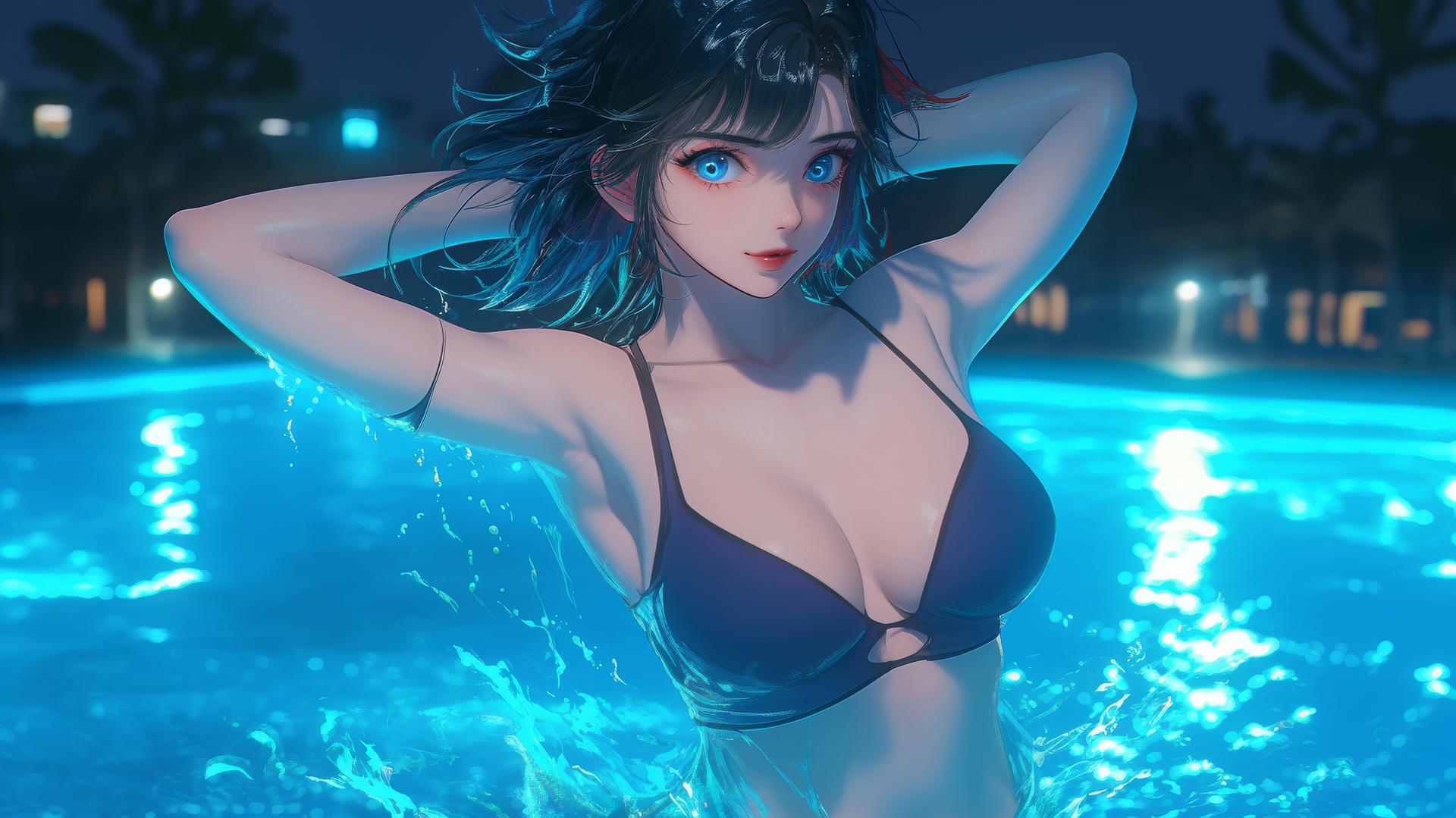 Ryuko Matoi with black feathery hair, red streak, jumps from pool under moonlight