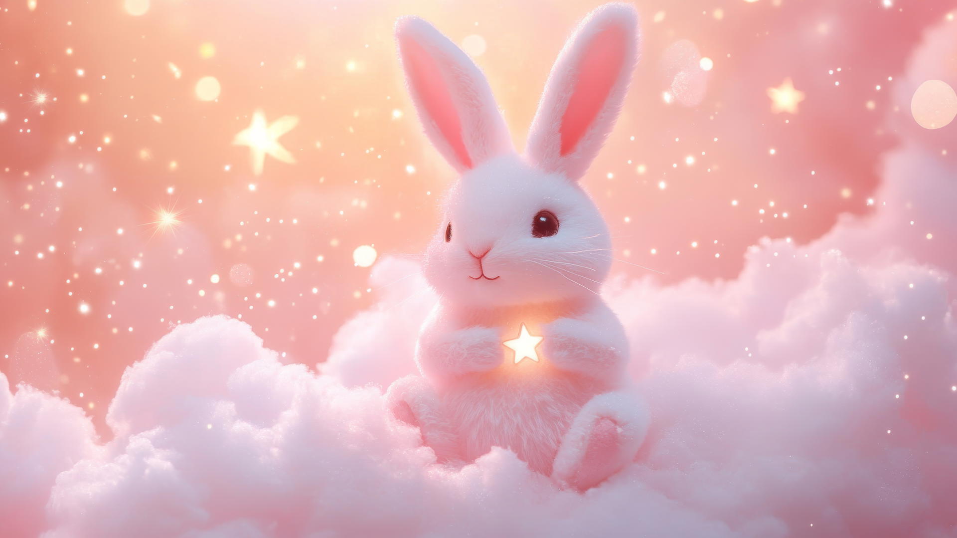 cute pink wallpaper of a kawaii bunny holding a tiny star on a fluffy pink cloud with soft sparkles and twinkling lights