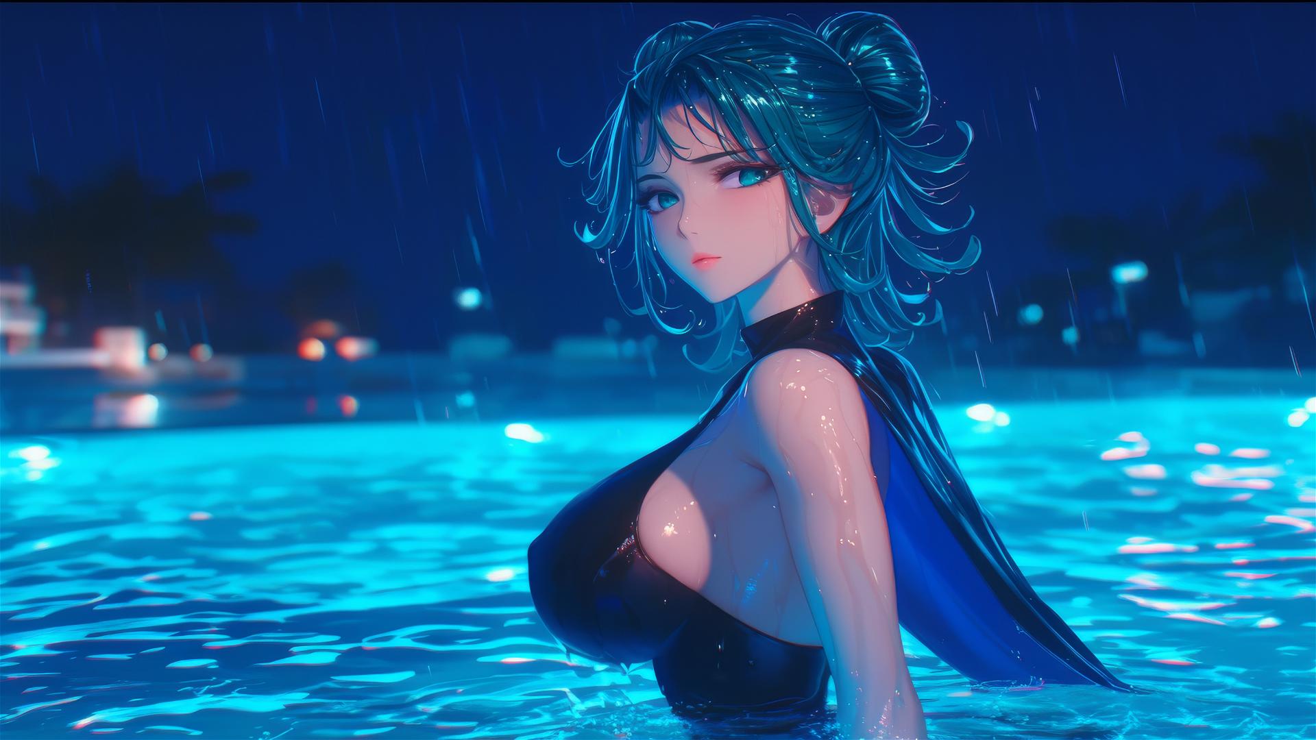 Tatsumaki from One-Punch Man standing in a pool under moonlight in the rain