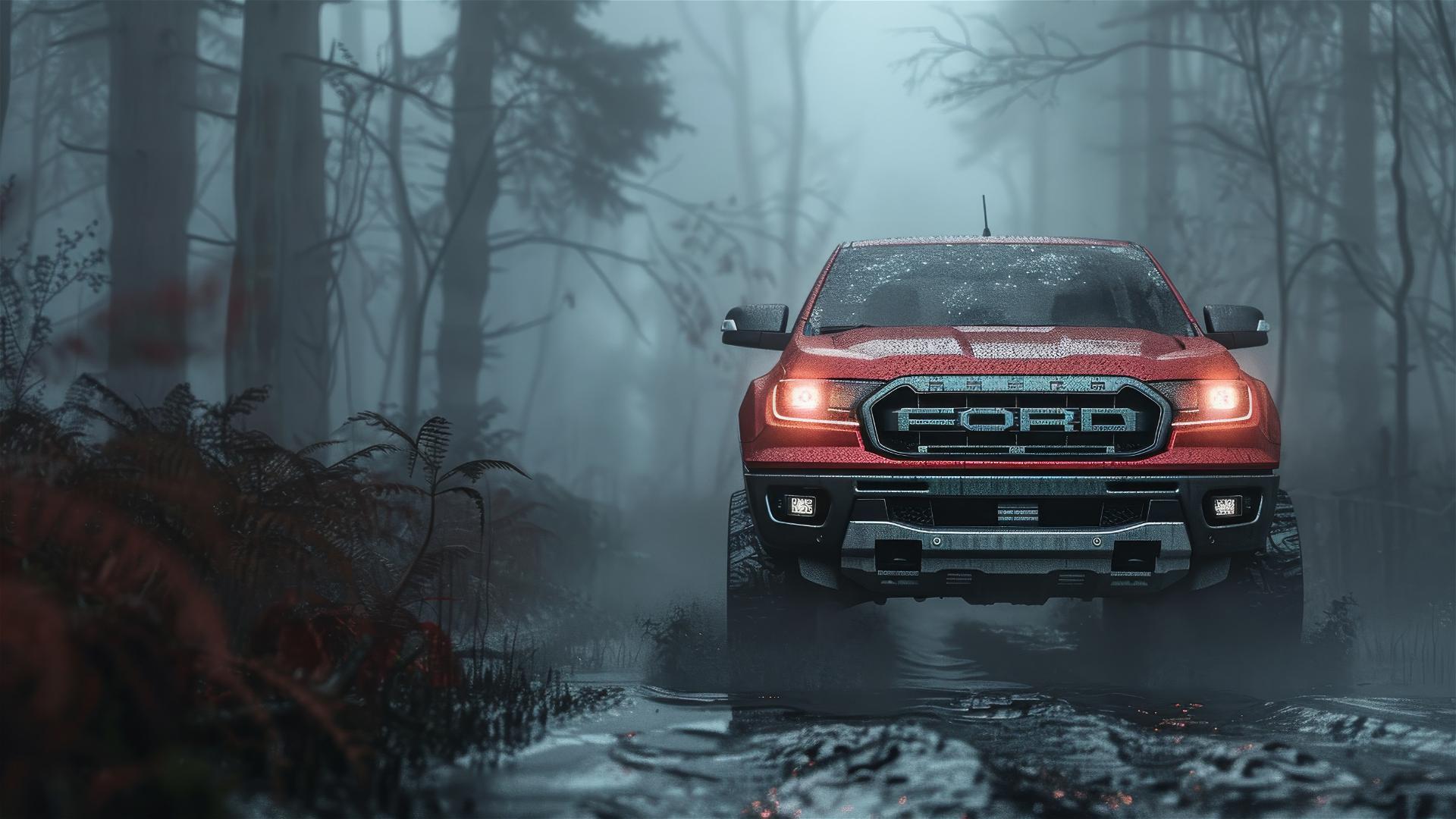 Ford Ranger in dim light, Gothic gloomy atmosphere, closeup view with fog