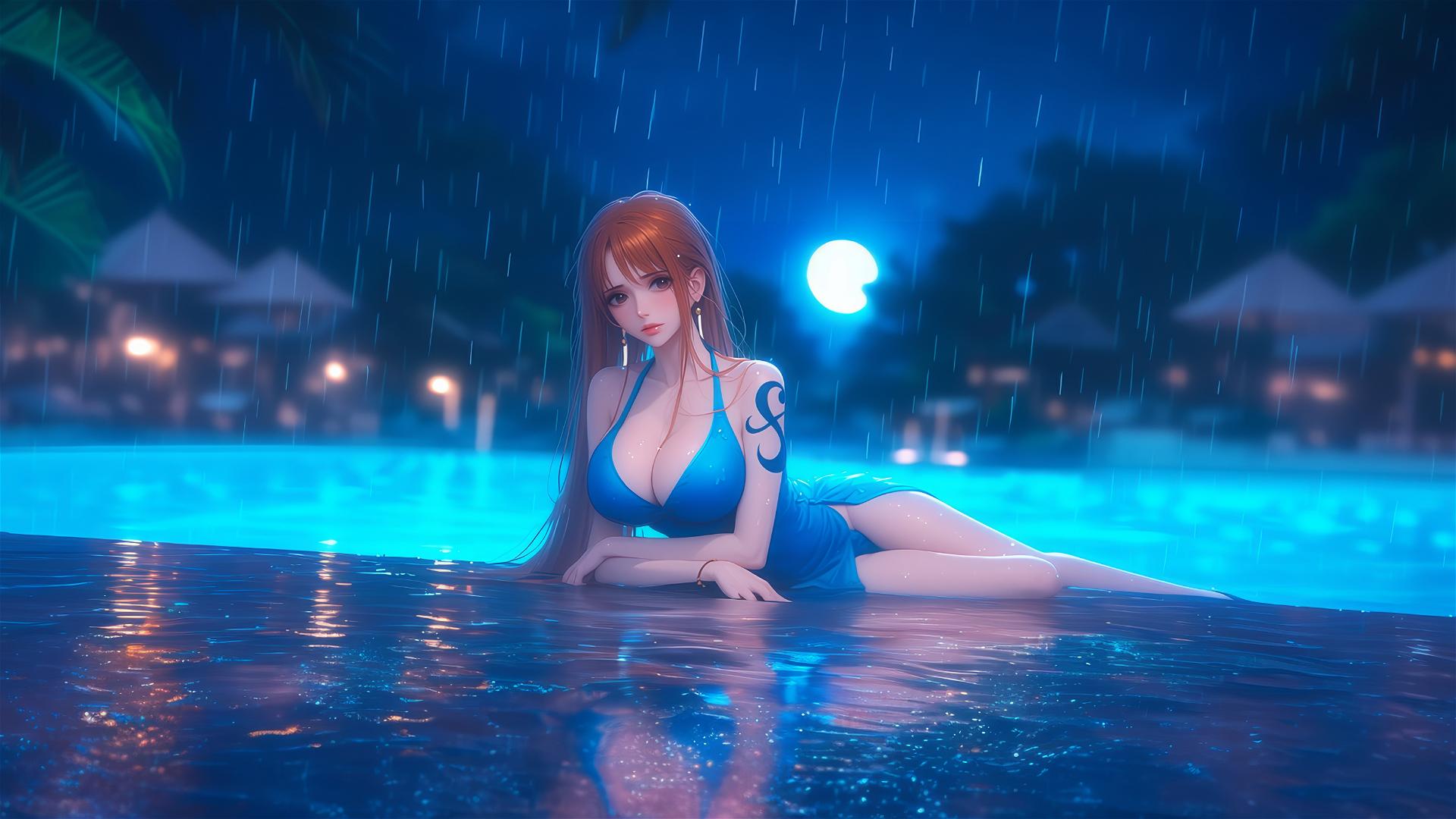 Nami from One Piece resting by a swimming pool under moonlight with rainy weather
