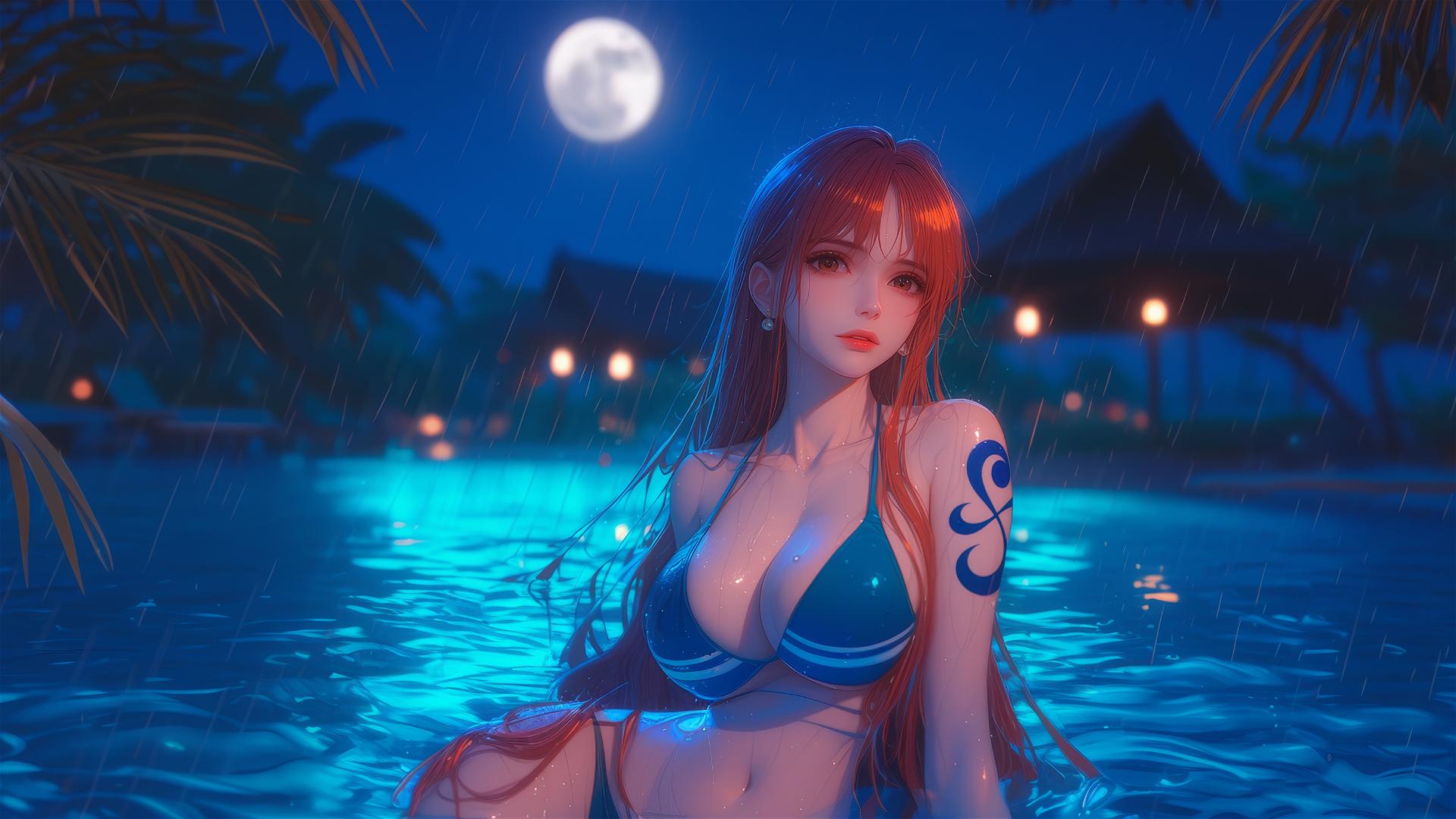 Nami from One Piece by the pool under moonlight with a soft glow