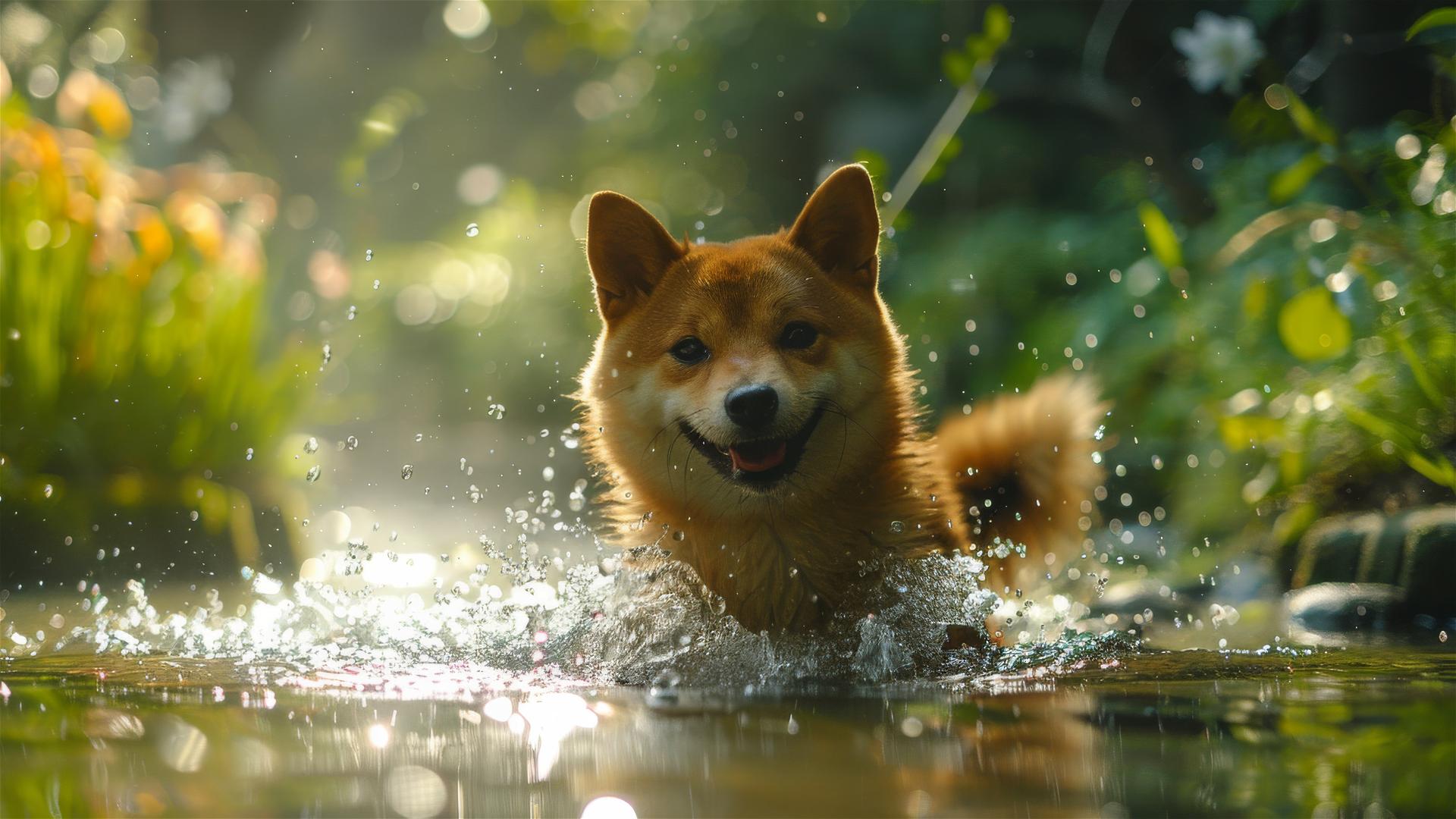 Shiba Inu paddling in an azure pond with summer sunlight and flowers