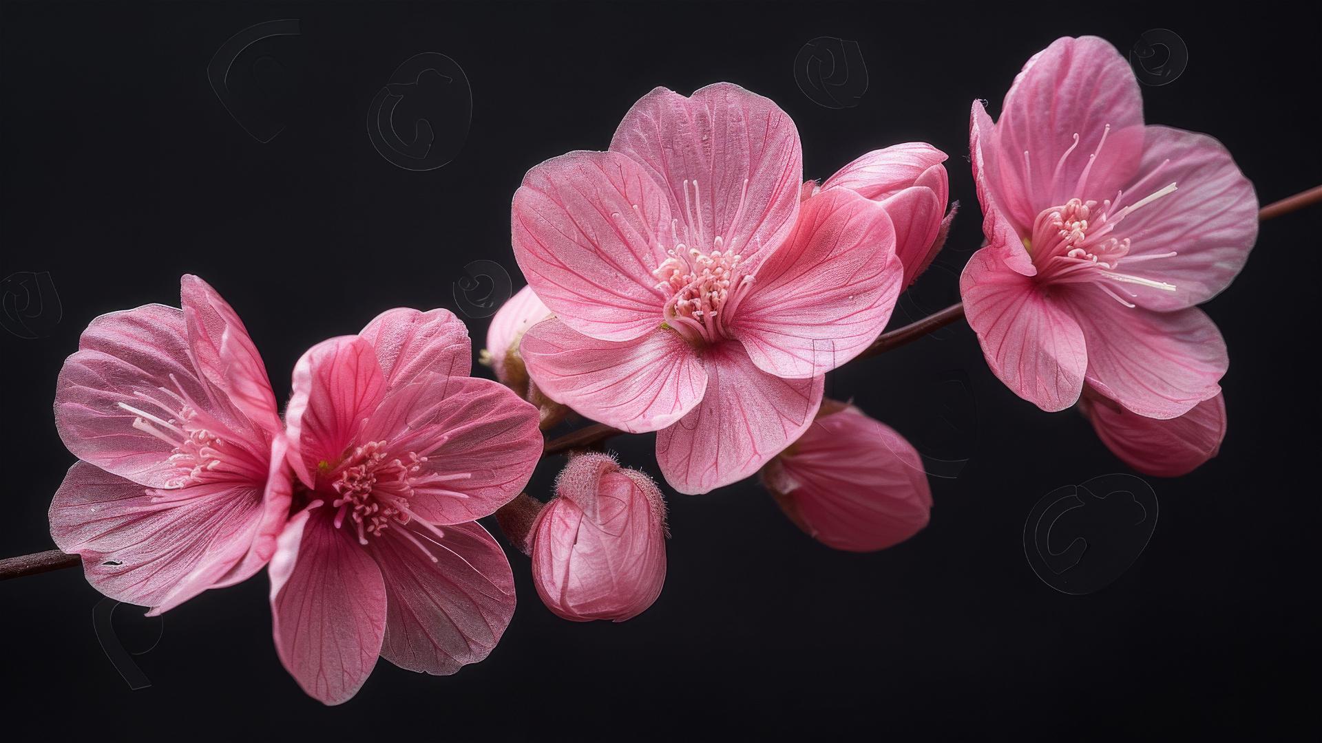 Pink wildflower with six petals on black background, in full bloom