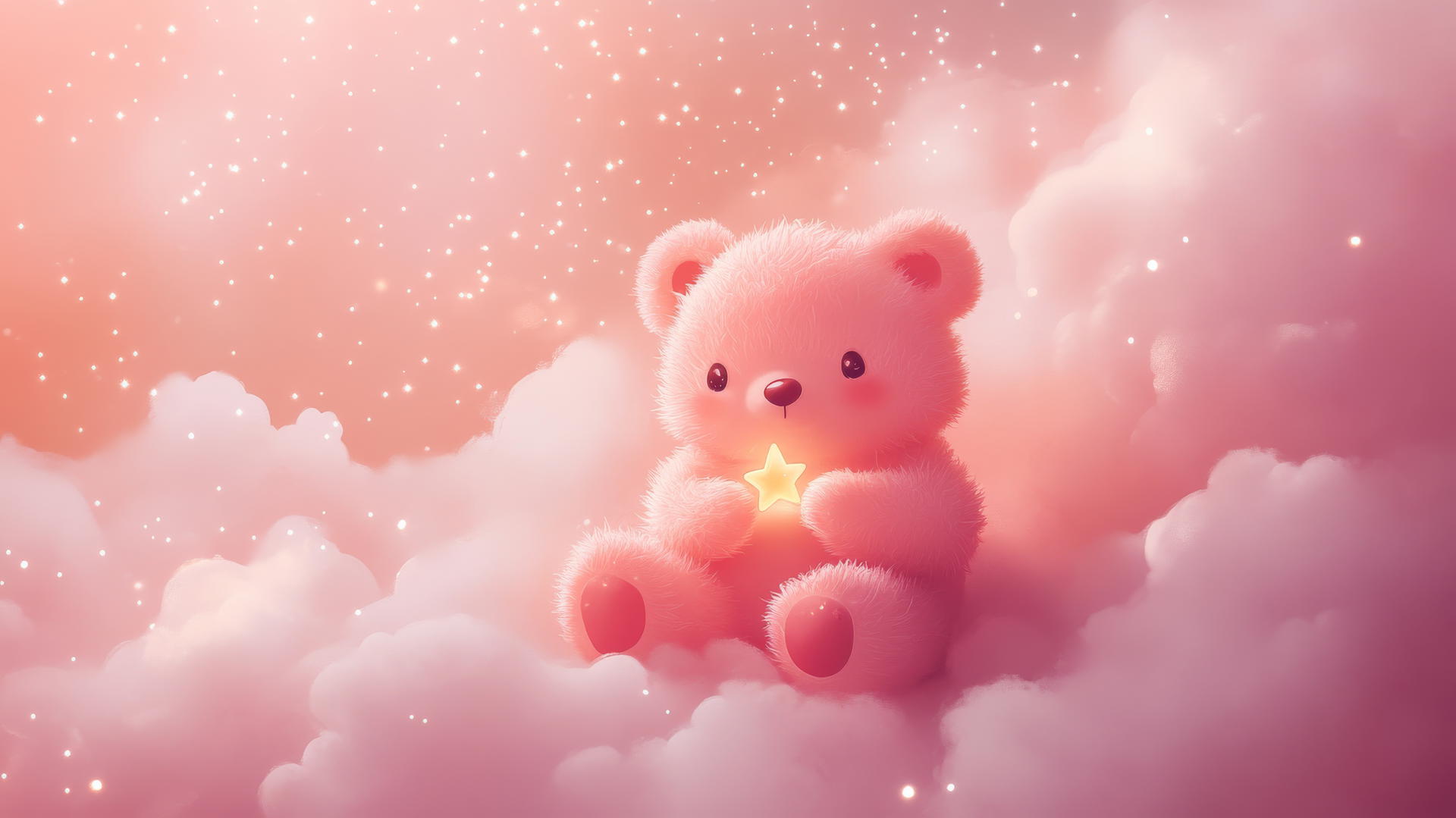 cute pink wallpaper with a kawaii pink bear holding a tiny star on a fluffy cloud with sparkles