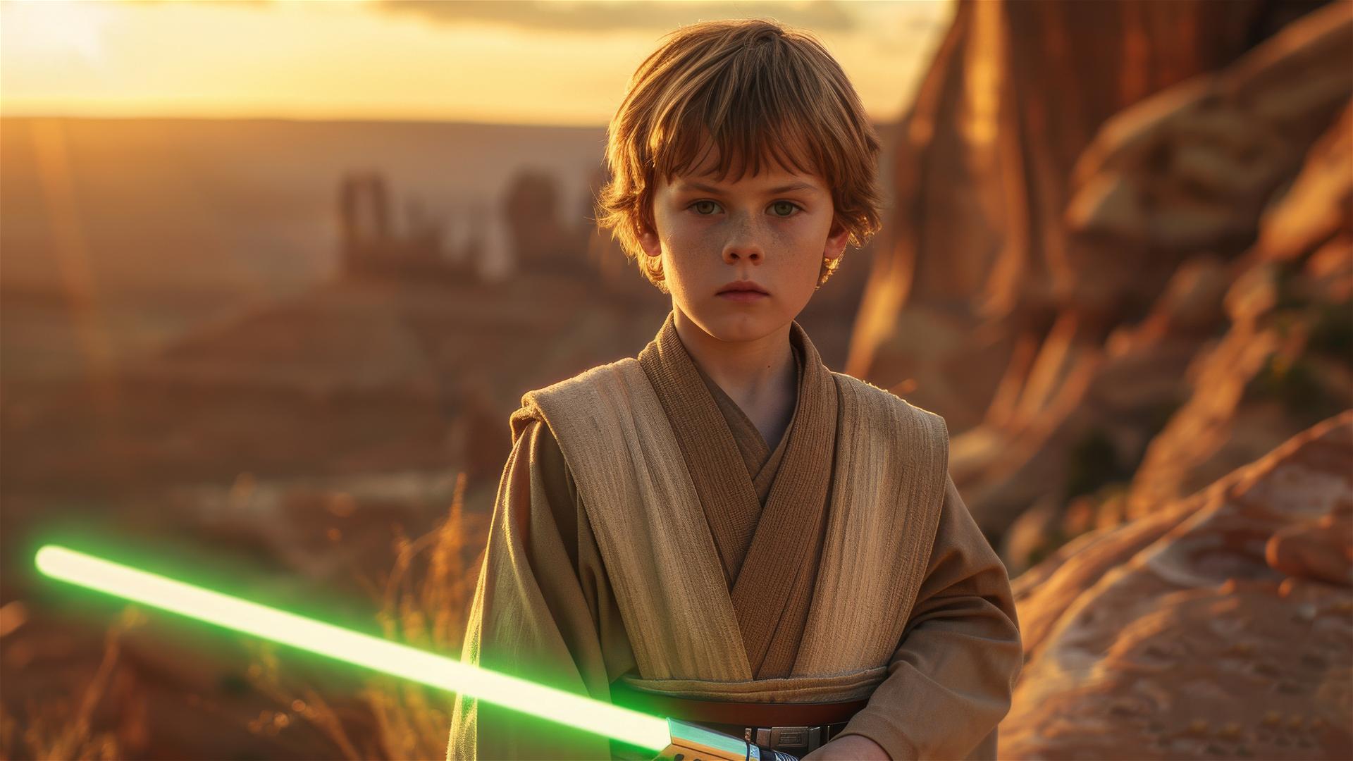 Young boy in Jedi robe holding green lightsaber on sci-fi desert planet.