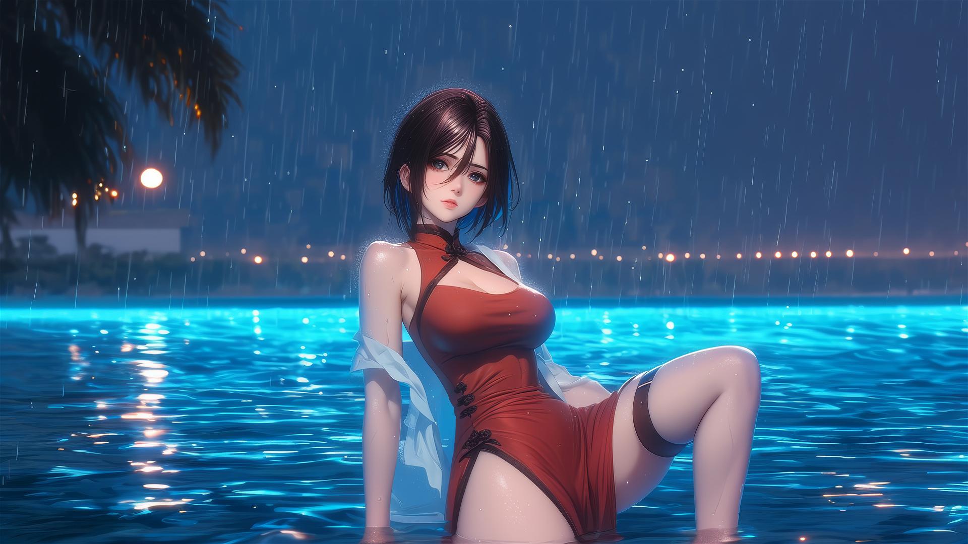 Mikasa Ackerman in a red dress standing in a rainy swimming pool illuminated by moonlight.