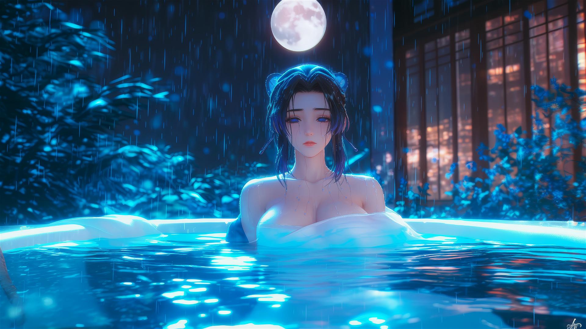 Shinobu Kocho from Demon Slayer resting in a tub with moonlight glow