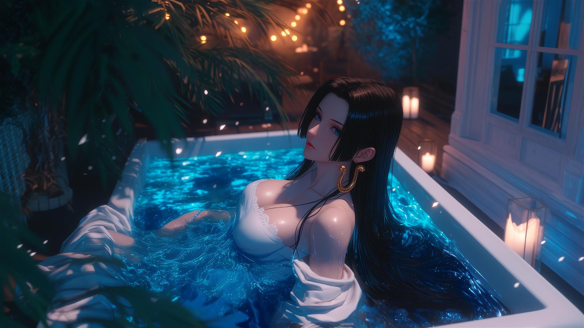 Boa Hancock resting in a tub with moonlight glow.