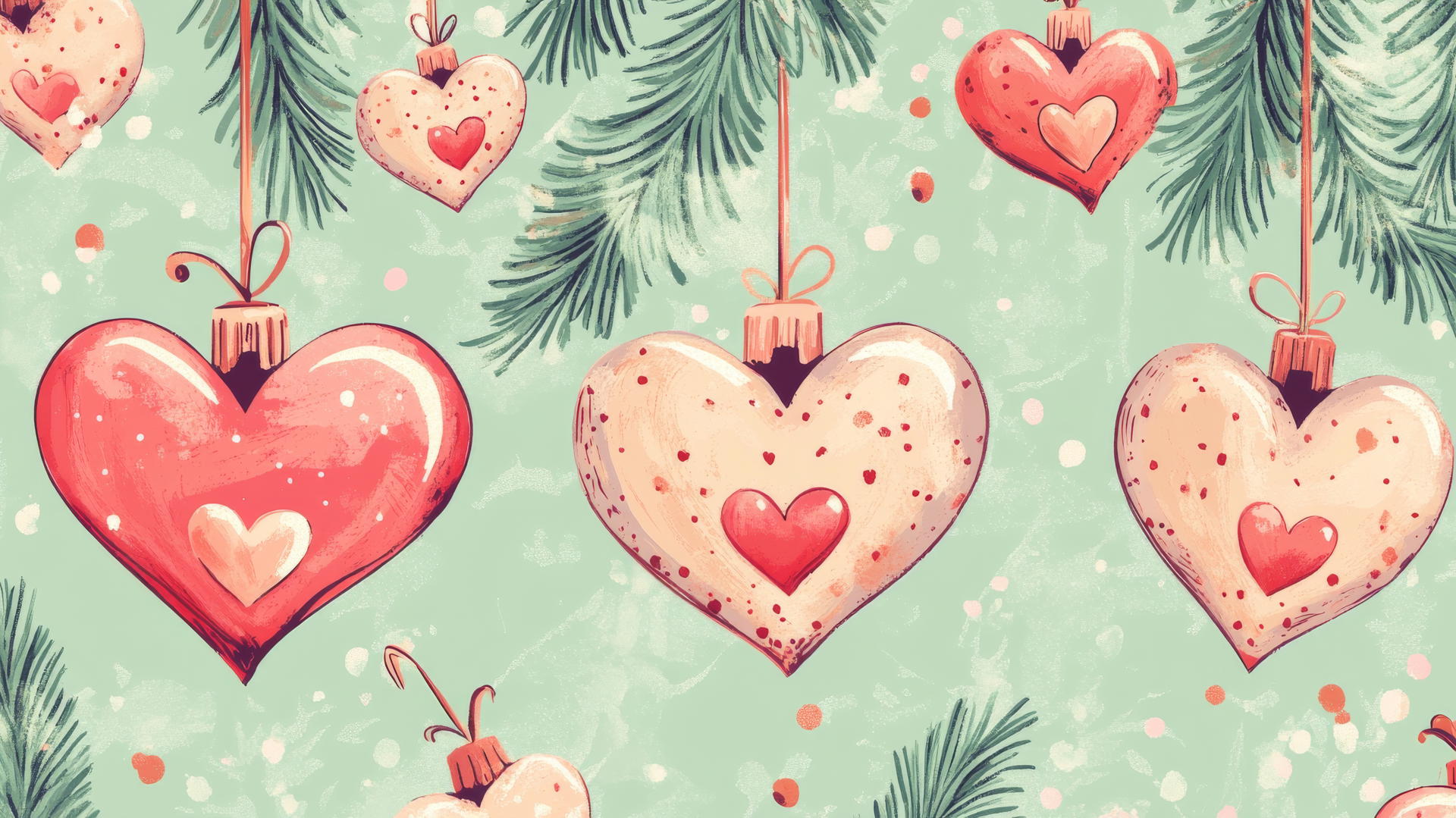 aesthetic preppy Christmas wallpaper with heart-shaped ornaments and mistletoe on pastel green background