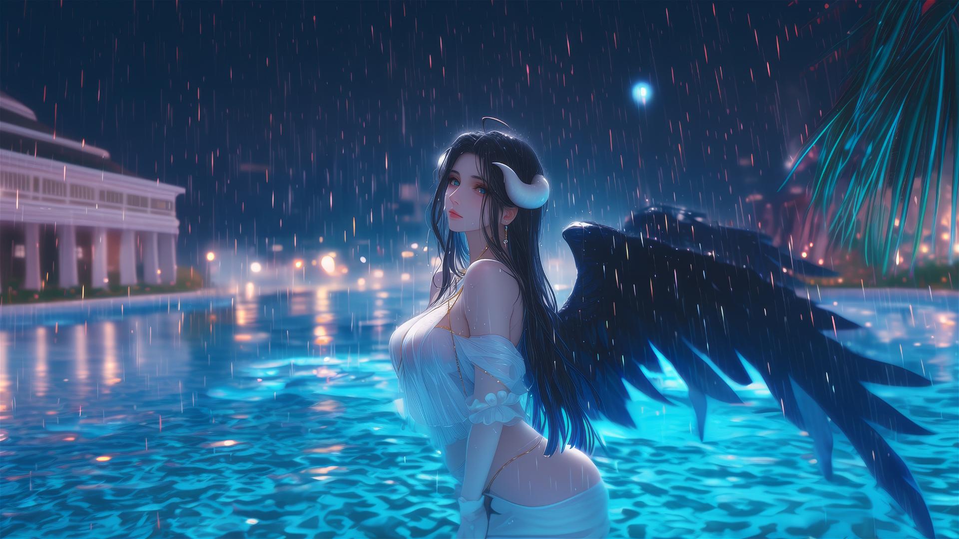 Albedo from Overlord standing in a rainy swimming pool illuminated by moonlight