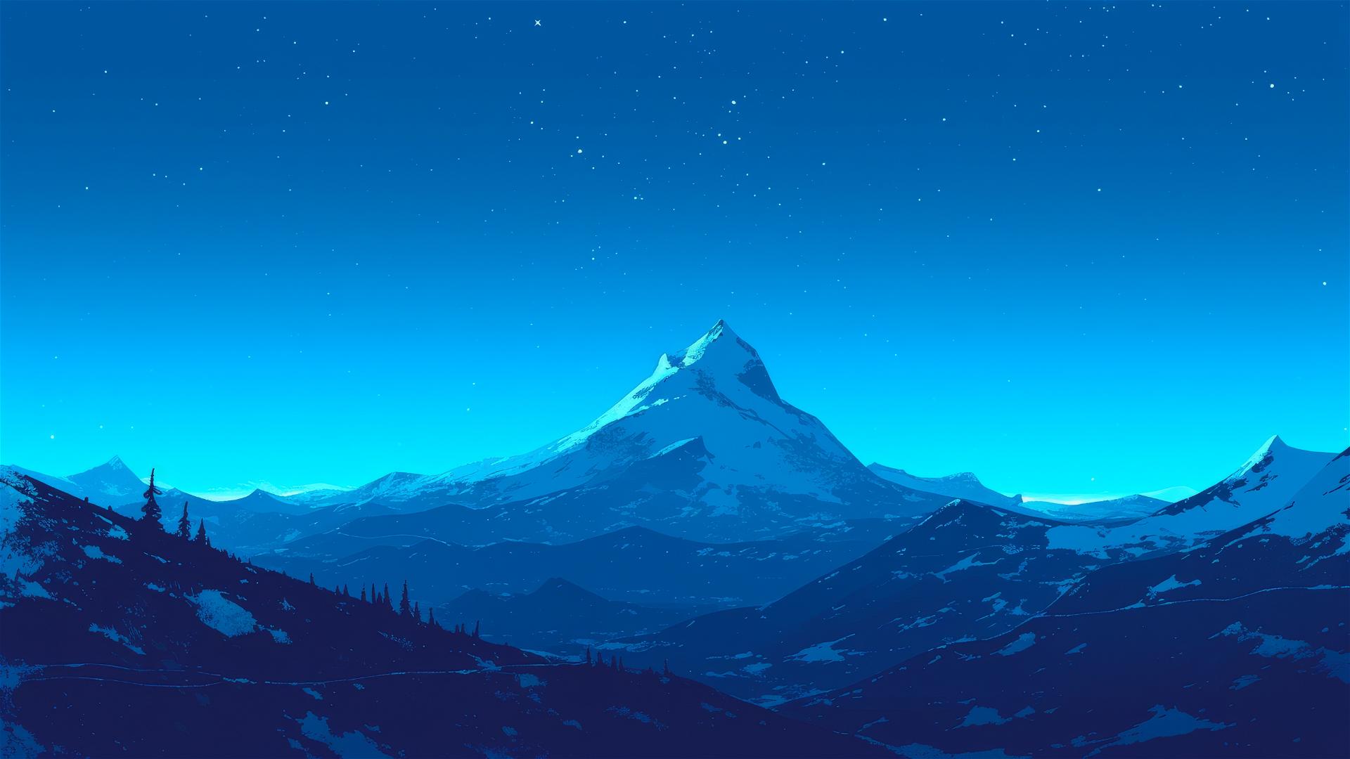 Snowy peak at night in a minimalist, starless landscape