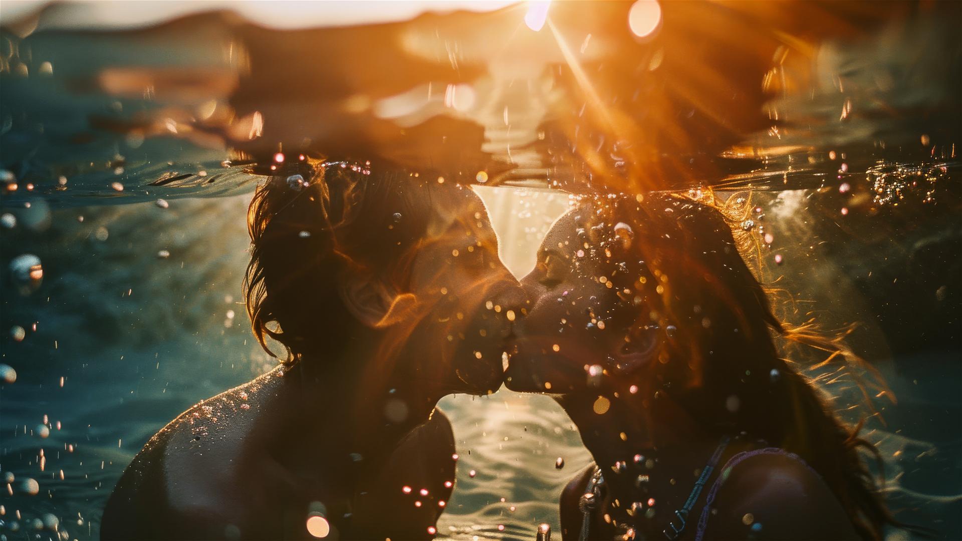 Young couple kissing underwater backlit by sunset