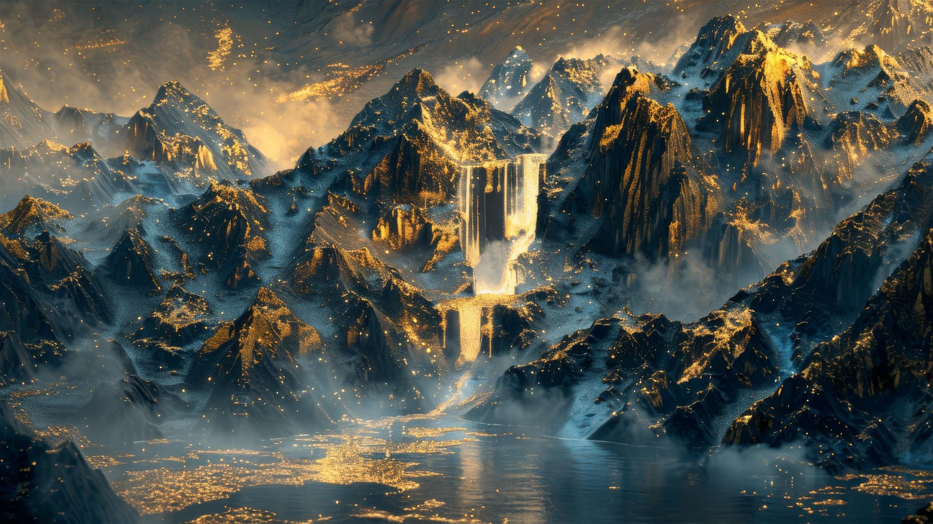 Gold, black, and blue mountains with golden waterfalls in freehand style