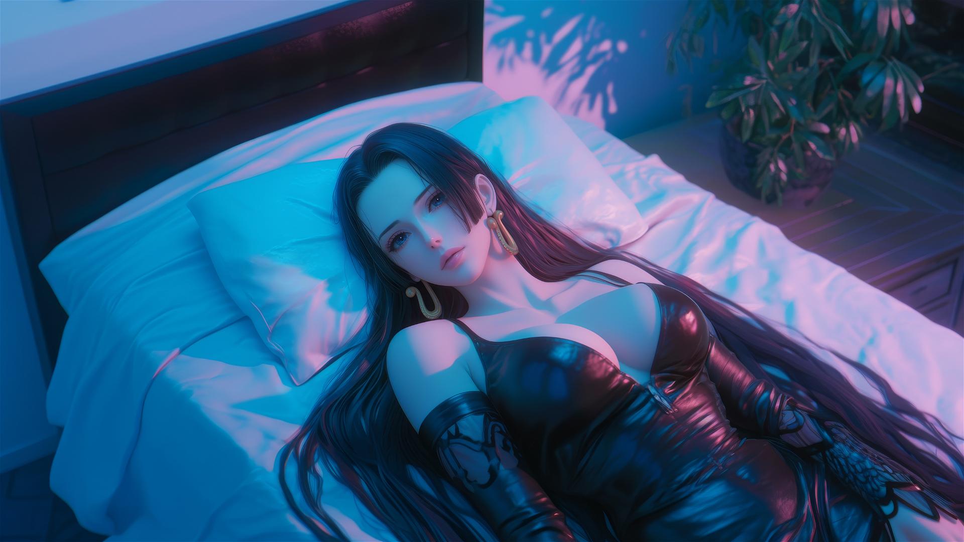 Boa Hancock from One Piece in bed, black and pink leather, neon colors, pink background