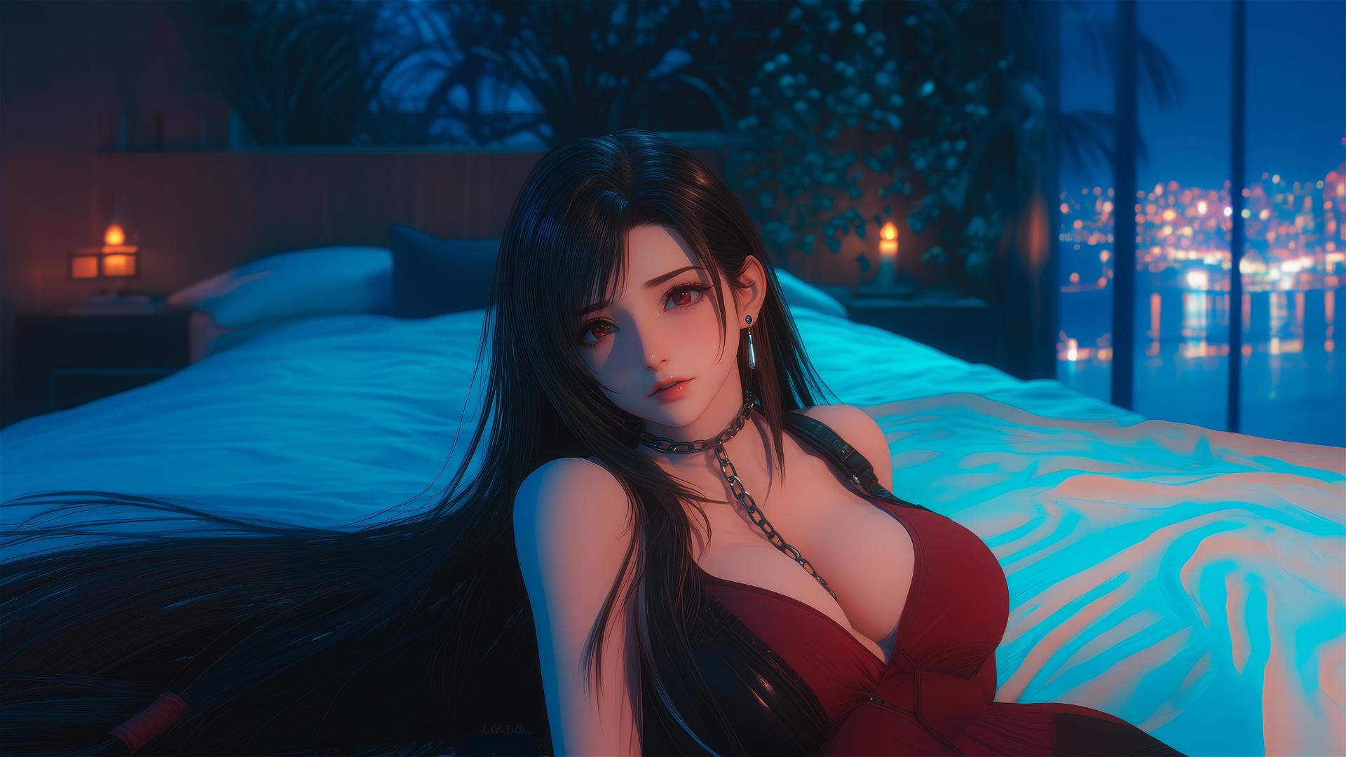 Tifa Lockhart in red outfit, neck chained, warm light in hotel room