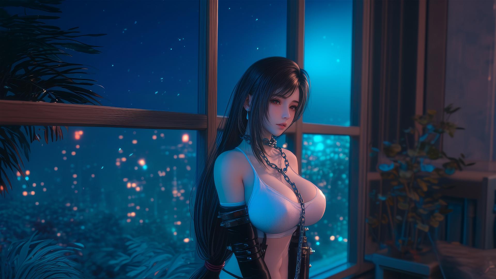 High-angle of Tifa Lockhart with thick iron chains around her neck in a modern hotel room.