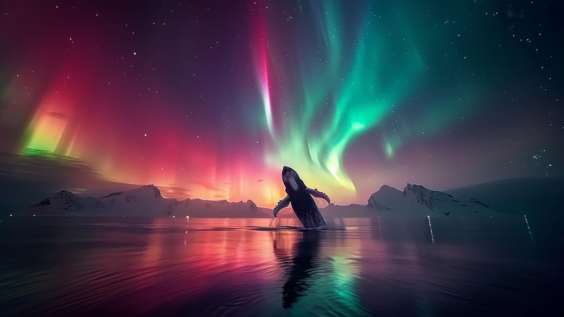 Humpback whale breaching with aurora borealis above the ocean