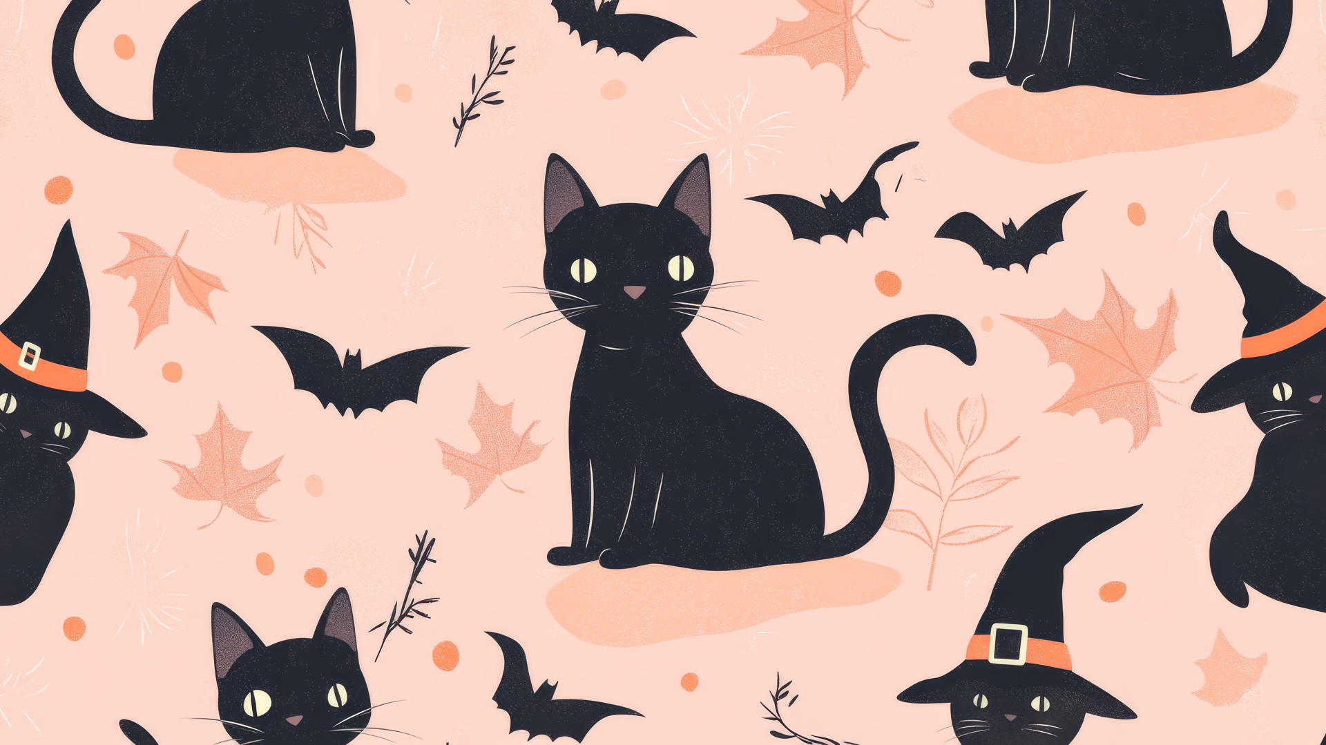 Preppy Halloween wallpaper with black cats, witch hats, and spooky bats on pastel pink