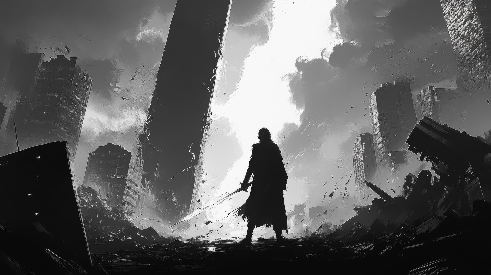 cool wallpapers for boys with a lone hero, ruined city, glowing sword