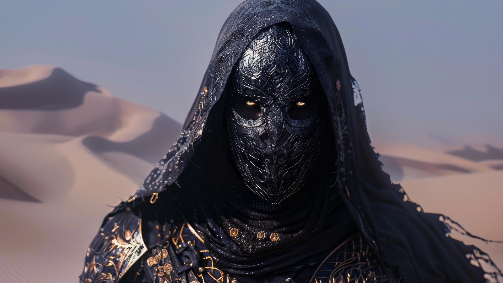 Elven warrior with golden eyes in desert at night