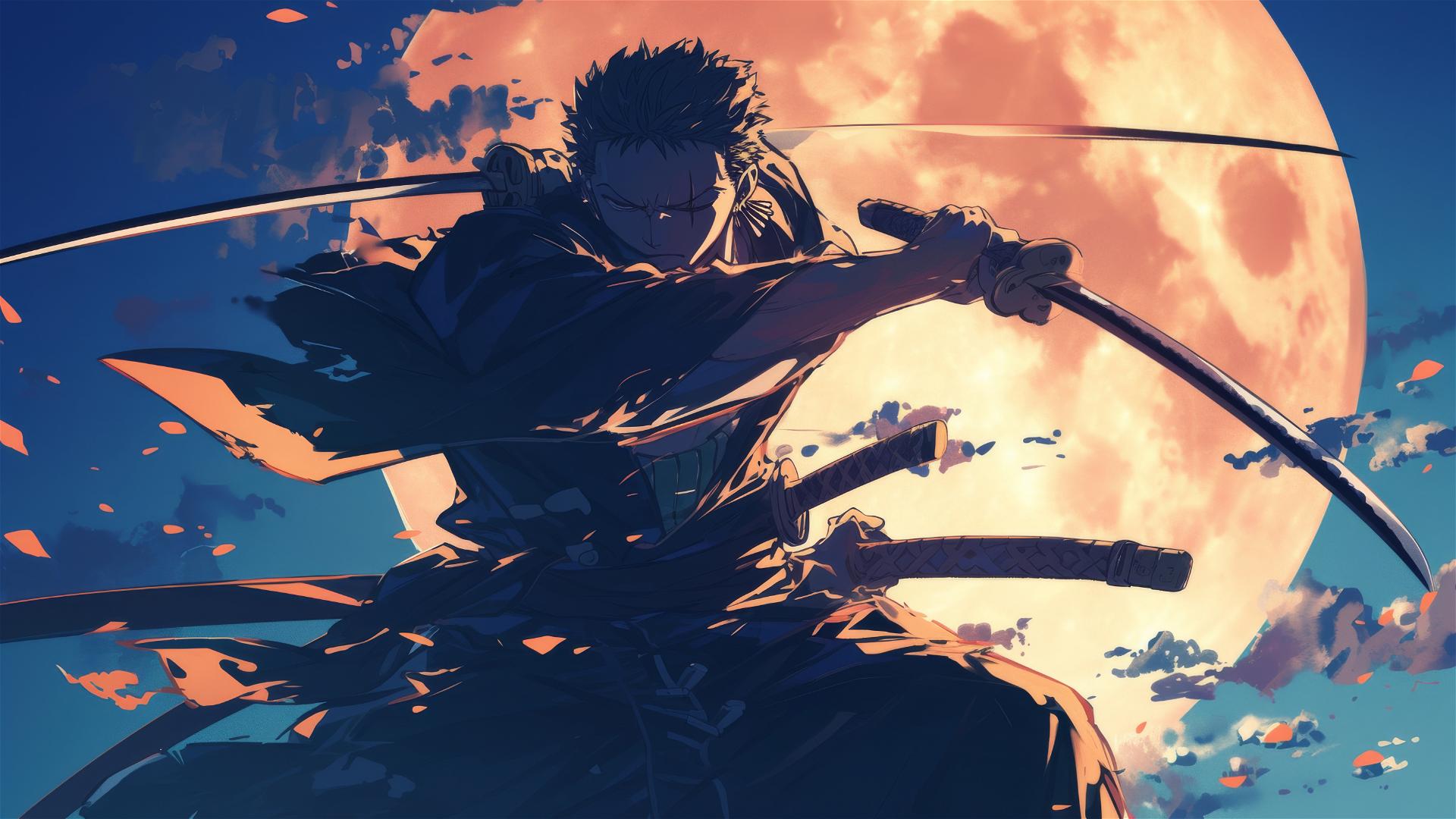 Silhouette of Zoro from One Piece with crossed swords over chest against full moon