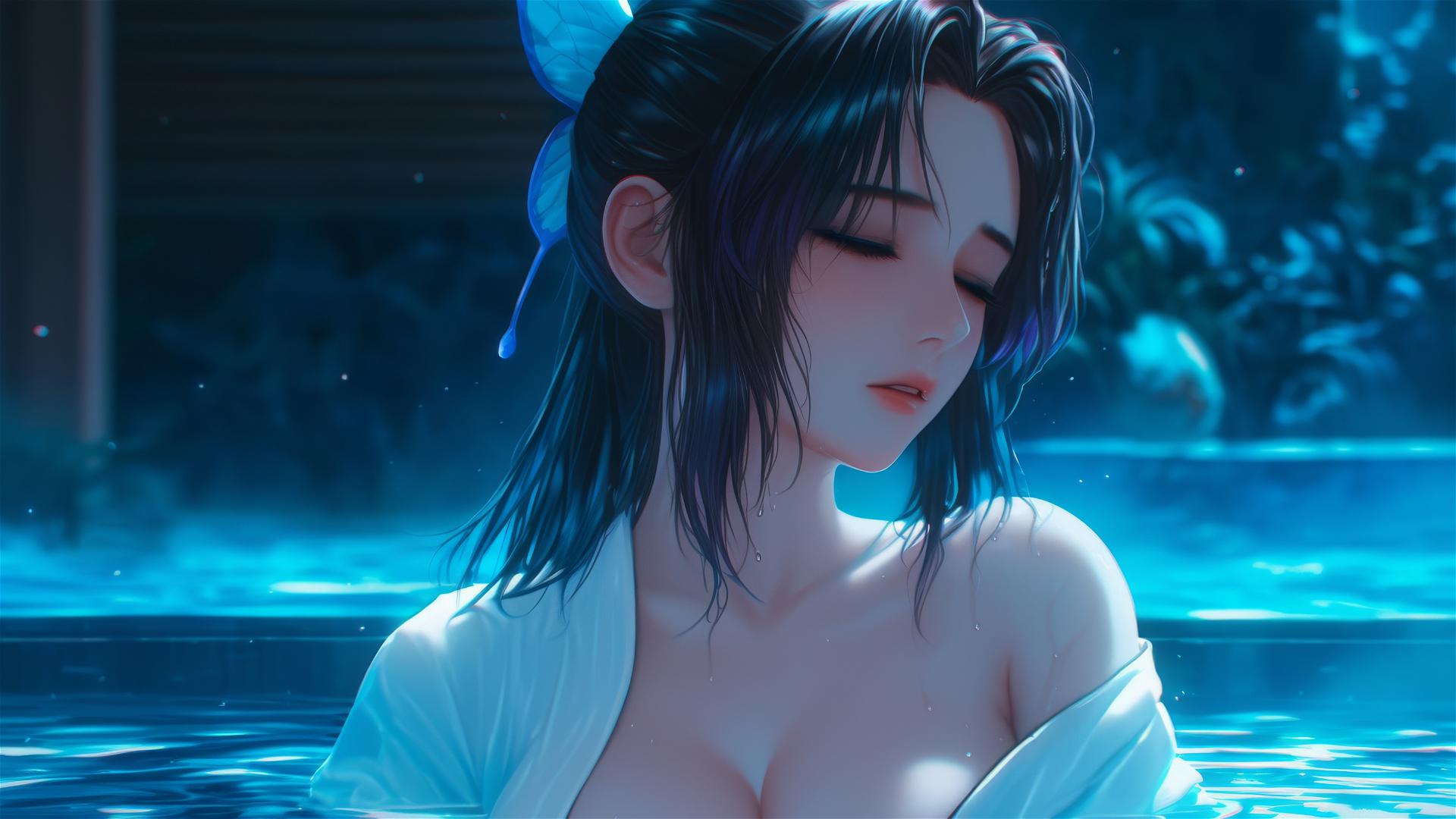 Shinobu Kocho from Demon Slayer resting in tub under moonlight