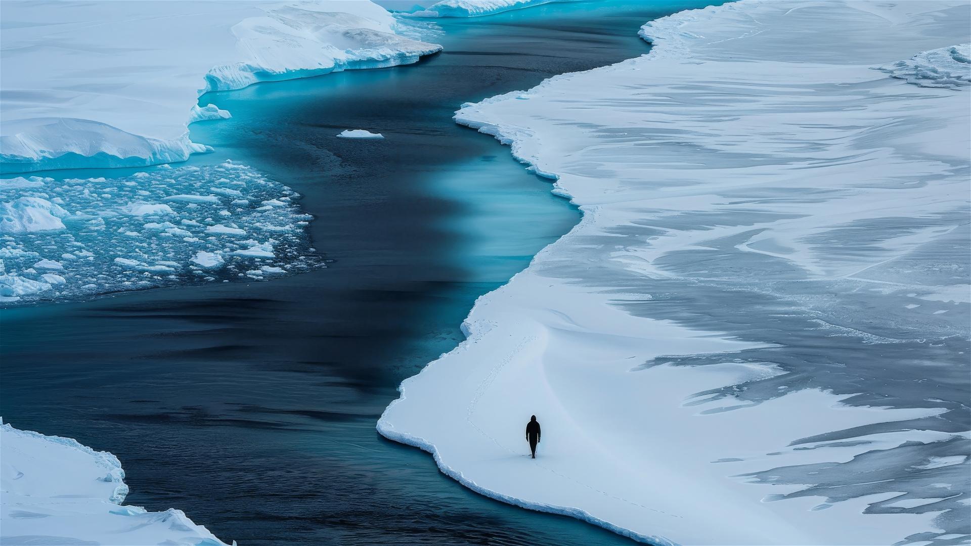 Aerial view of a dark figure in Antarctica, conveying loneliness and stillness